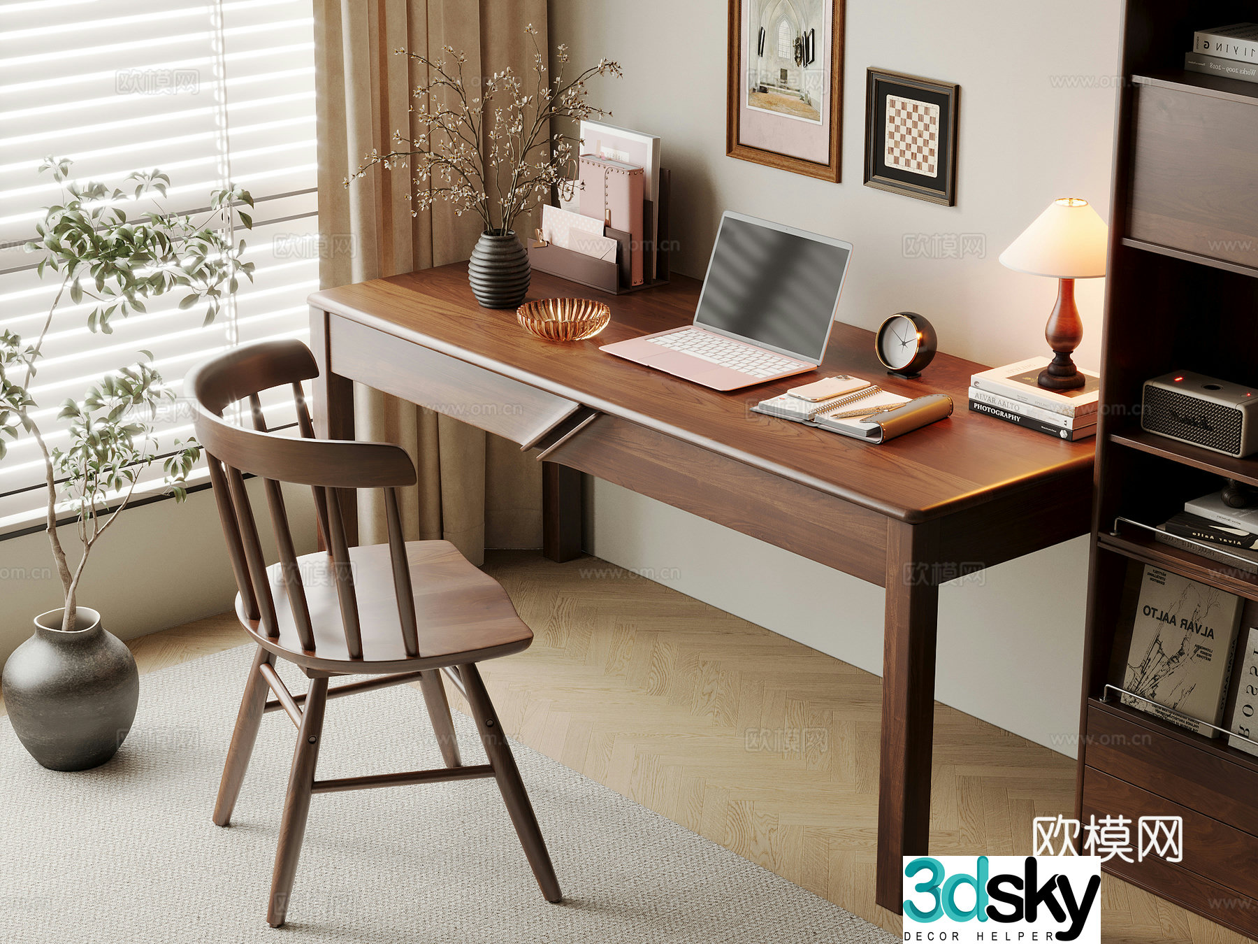 Middle-aged style desk and chair solid wood computer desk and chair writing desk study desk and chair solid wood single chair bookcase 3D model
