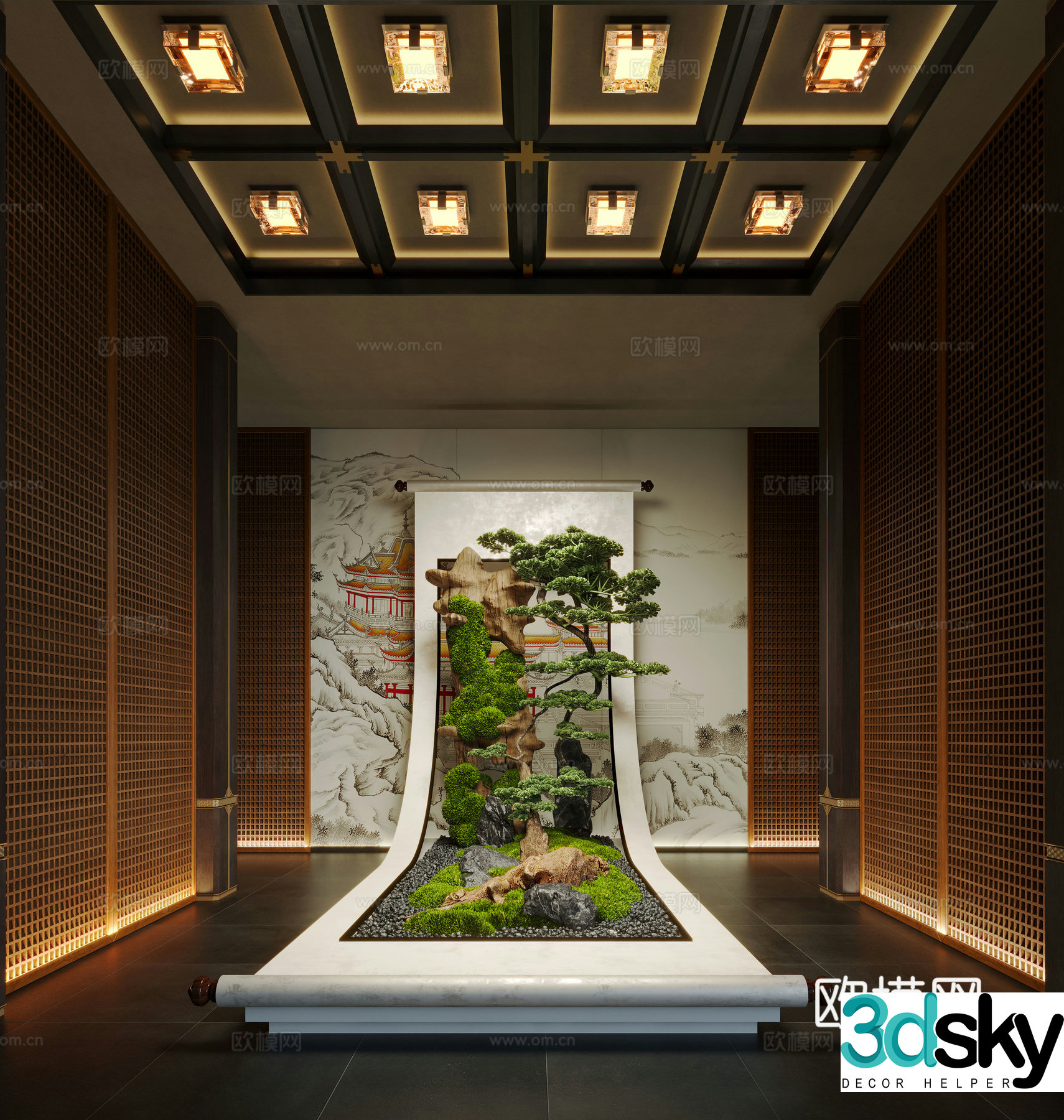 New Chinese art installation scroll installation indoor landscaping 3D model