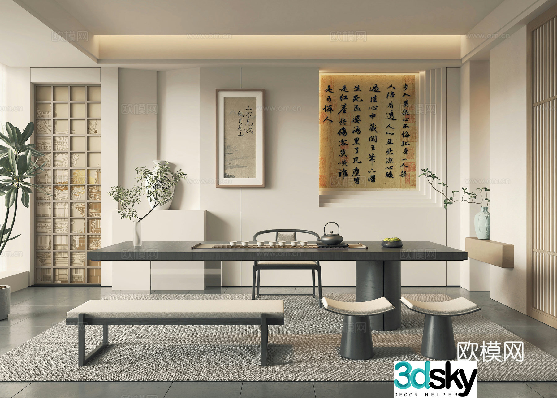New Chinese-style tea room hanging paintings tea tables and chairs decorative ornaments 3D model