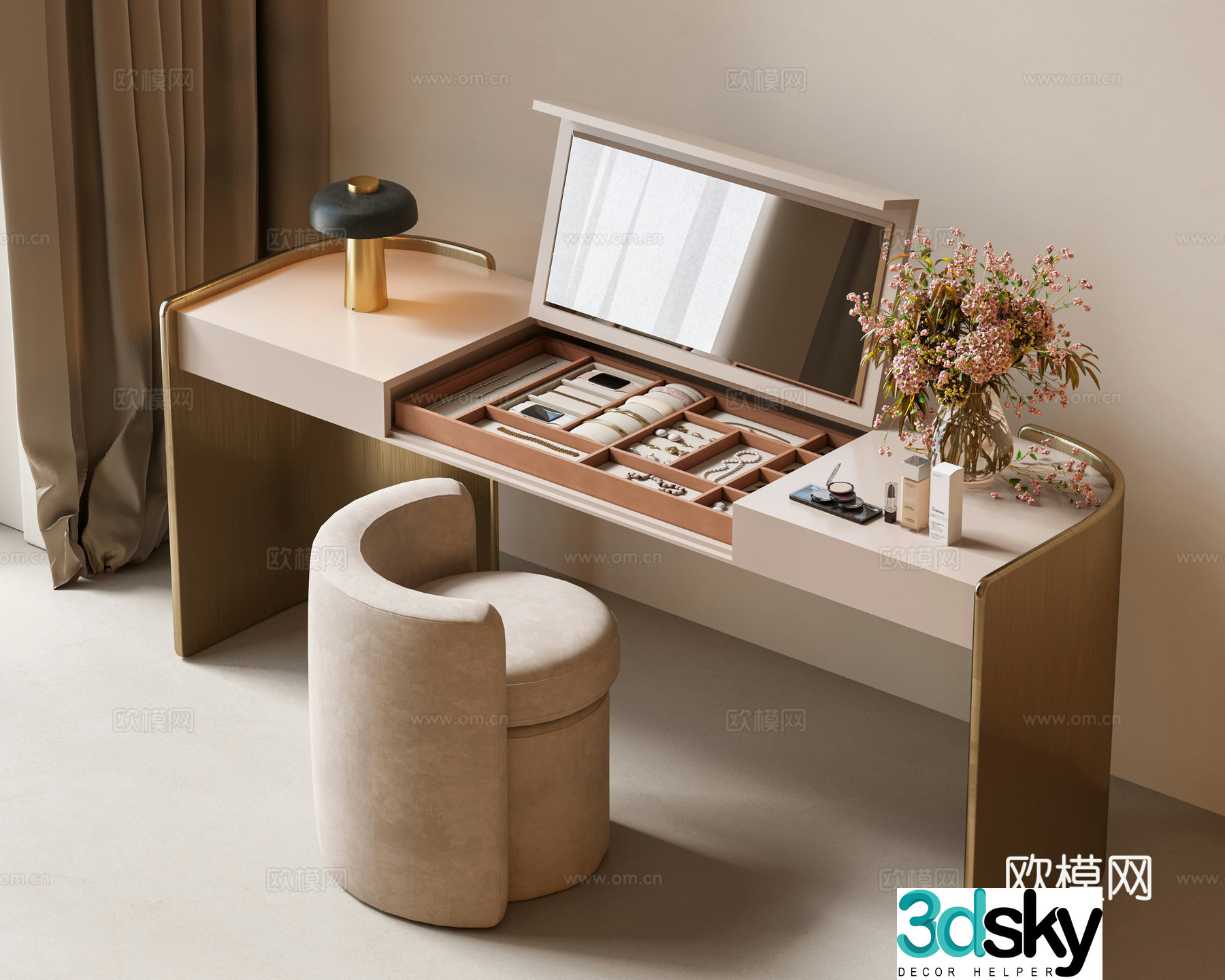 Modern light luxury dressing table jewelry box dressing table makeup stool combination cosmetics combination dressing table flower 3d model