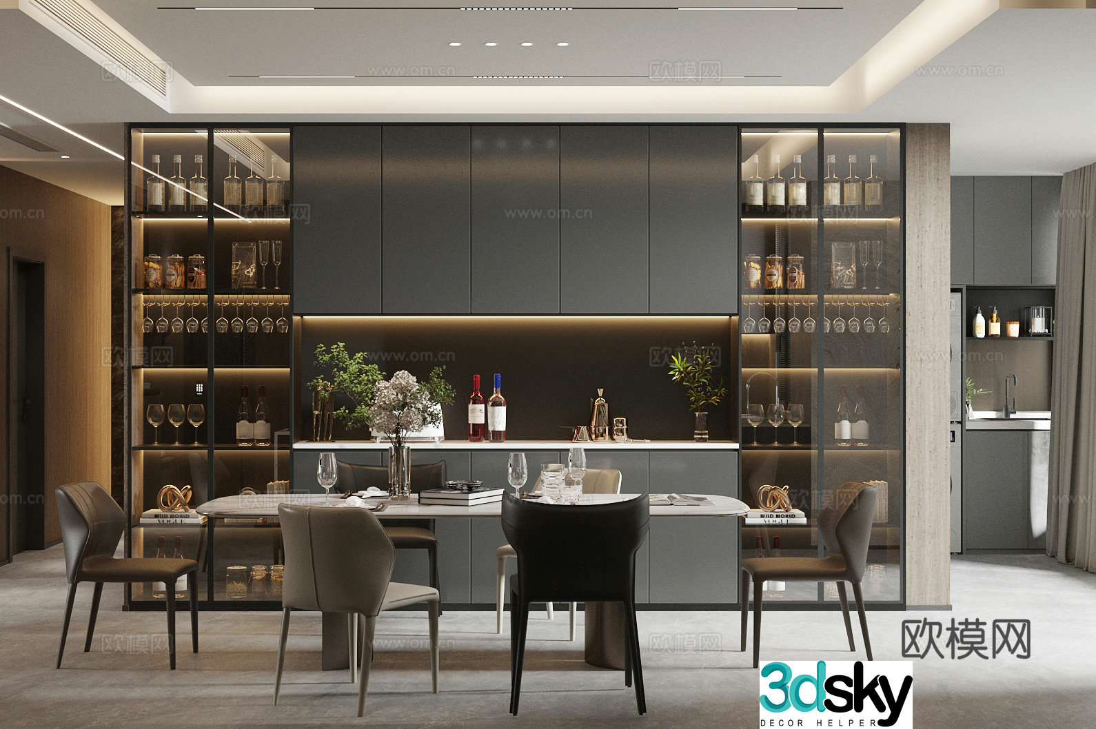 Light luxury Italian home restaurant Marble dining table Italian sideboard Glass sideboard Dining table and chair 3D model