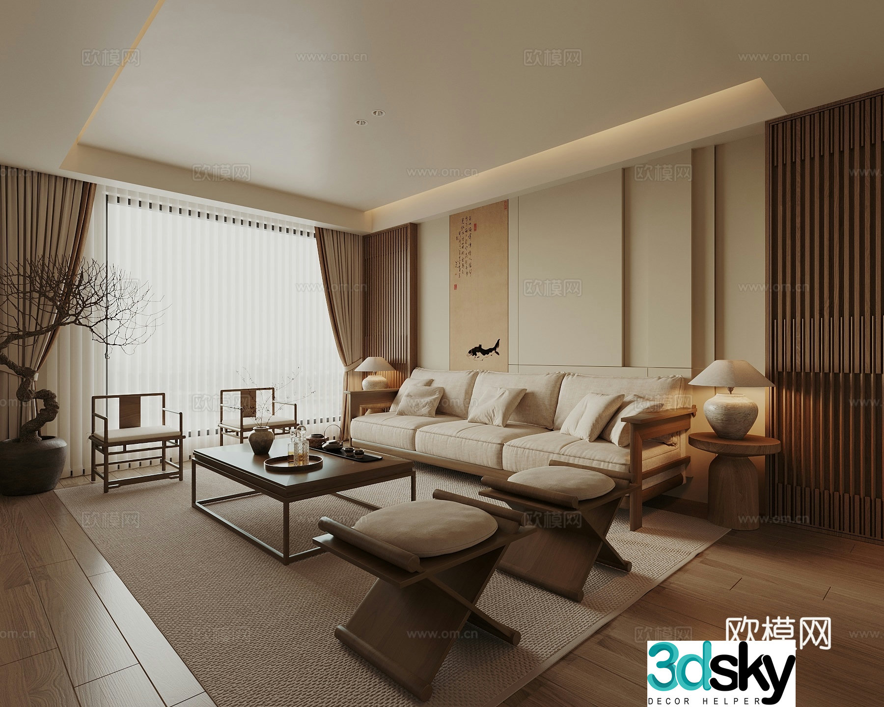 Song style living room new Chinese style living room sofa and coffee table combination leisure chair background wall potted 3D model