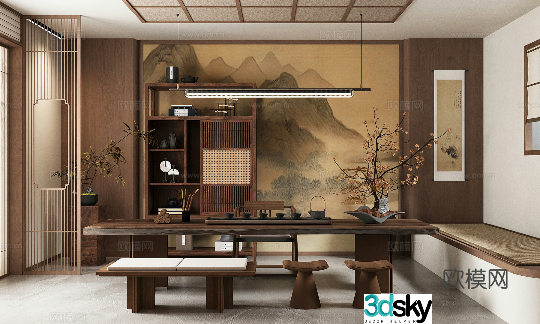 New Chinese-style tea room tea table and chair combination family tea room tea set bogu rack 3D model