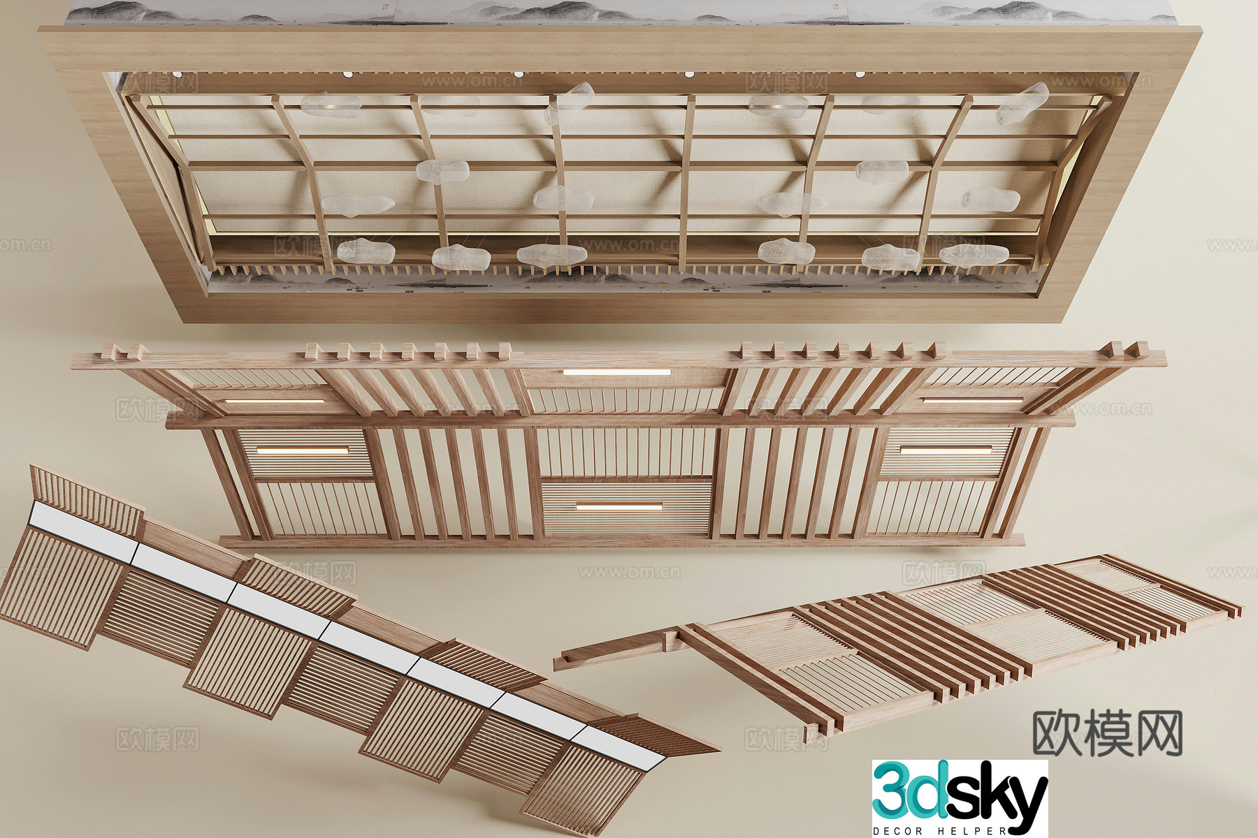 Modern wooden grille ceiling 3d model