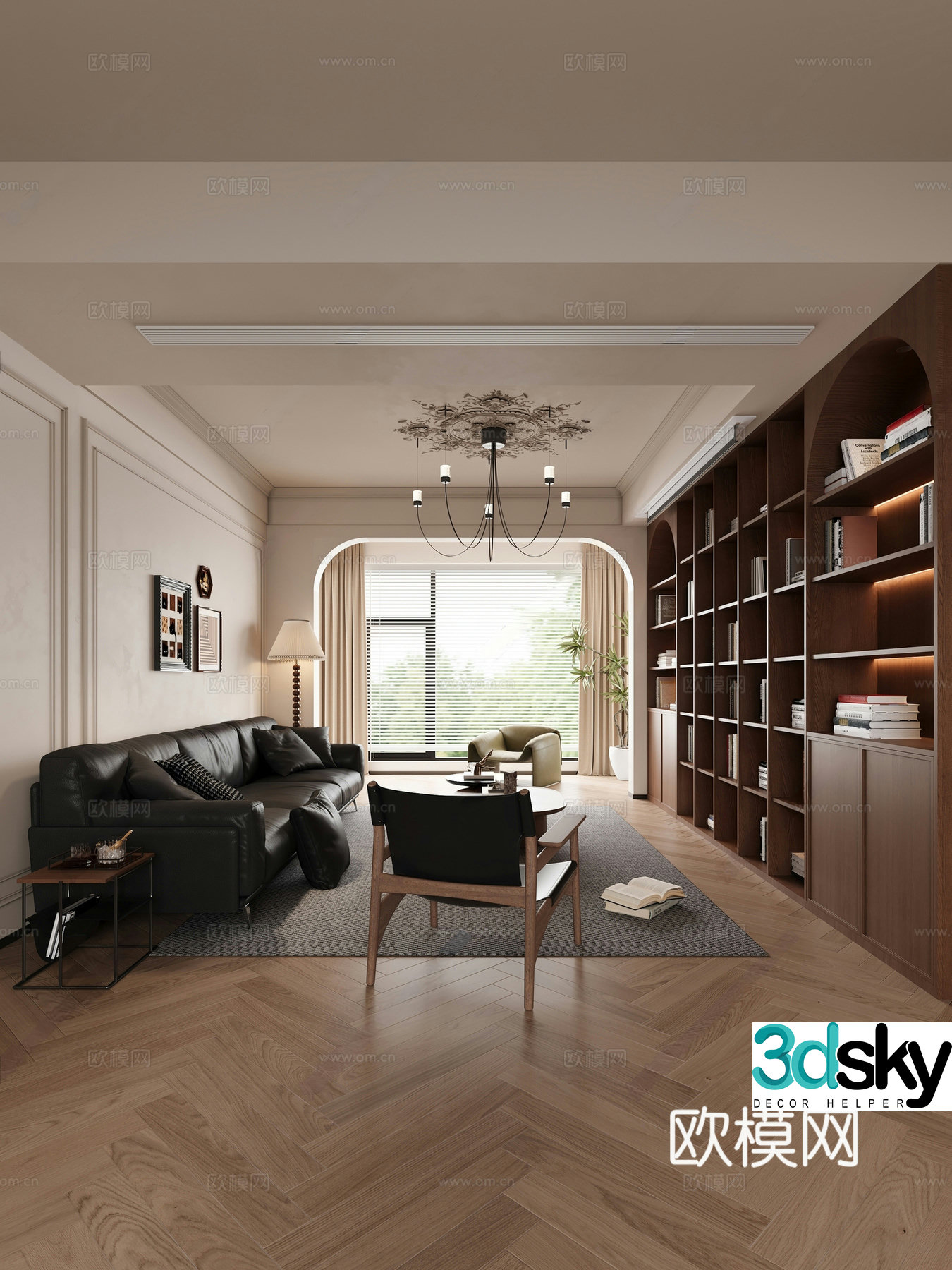 Middle-aged log home living room sofa and coffee table combination bookcase chandelier 3d model