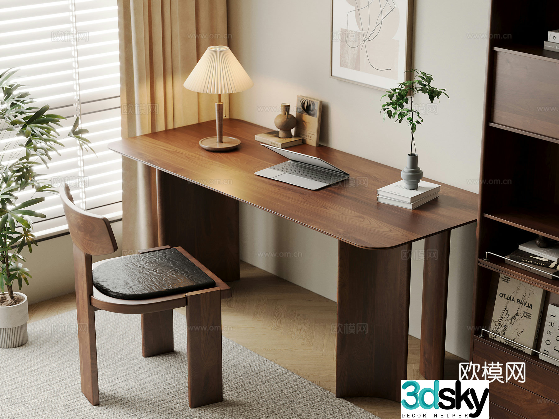 Middle-aged style desk and chair solid wood computer desk and chair writing desk study desk and chair solid wood single chair bookcase 3D model