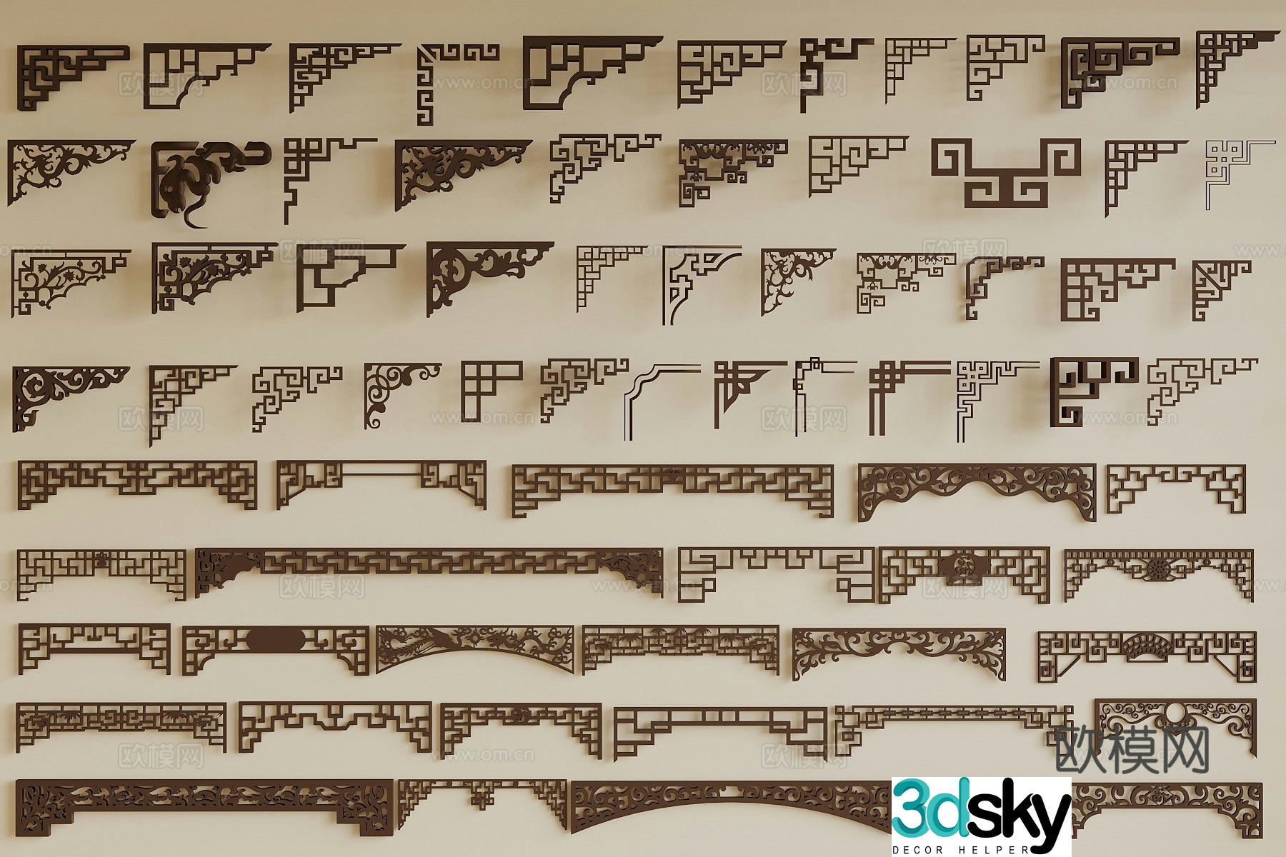 New Chinese style corner flower foot line carving lace 3d model