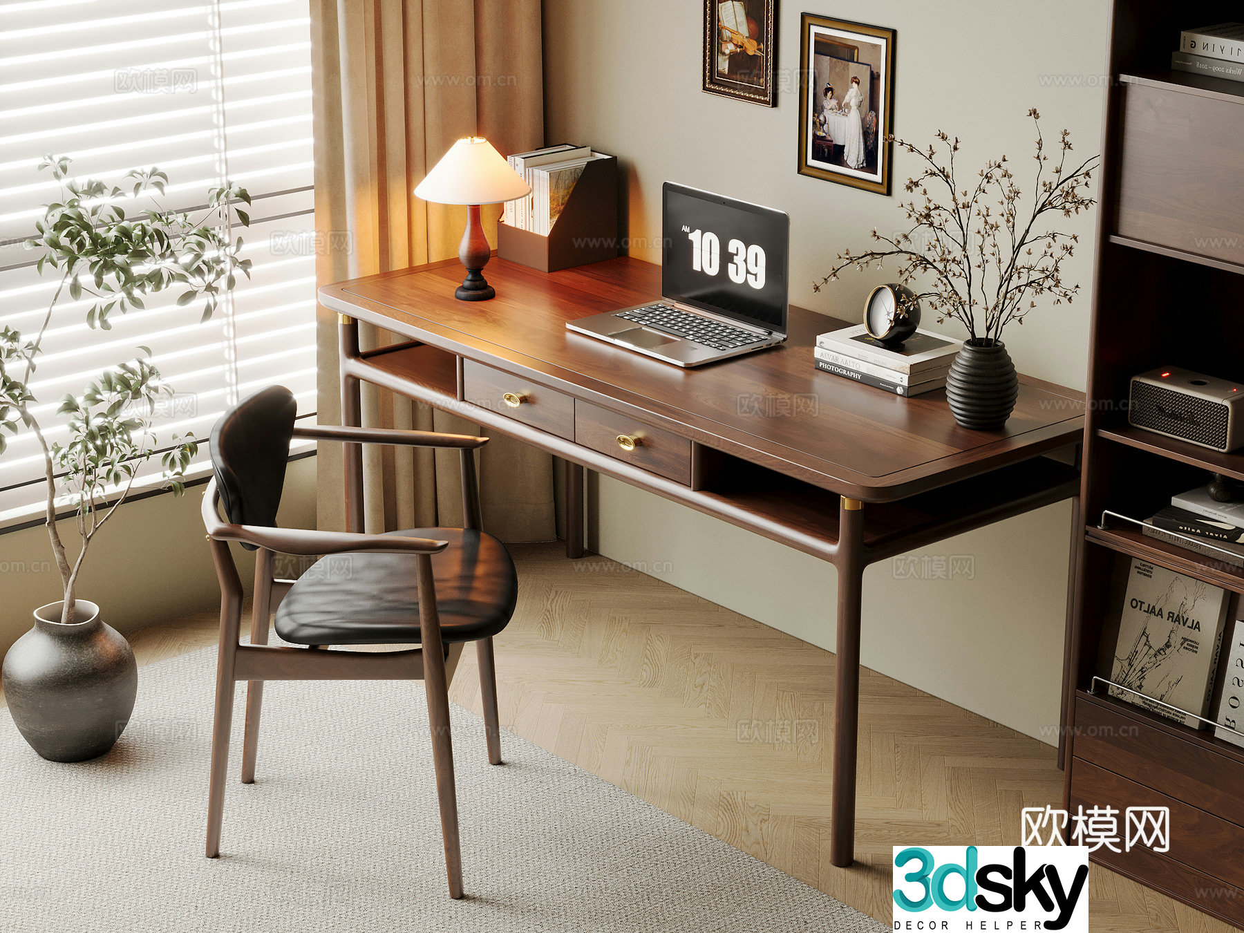Middle-aged style desk and chair solid wood computer desk and chair writing desk study desk and chair solid wood single chair bookcase 3D model