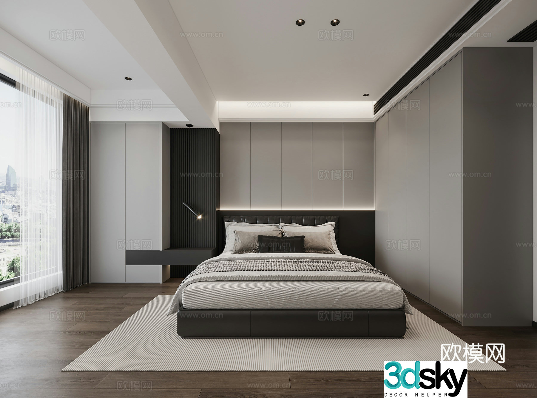 Modern black white and gray bedroom 3d model