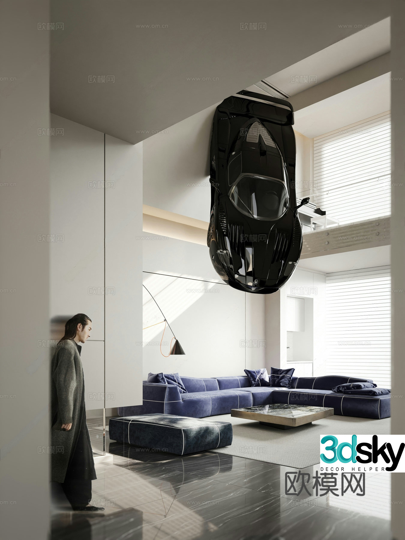 Modern minimalist villa living room sofa and coffee table combination walking people car 3d model