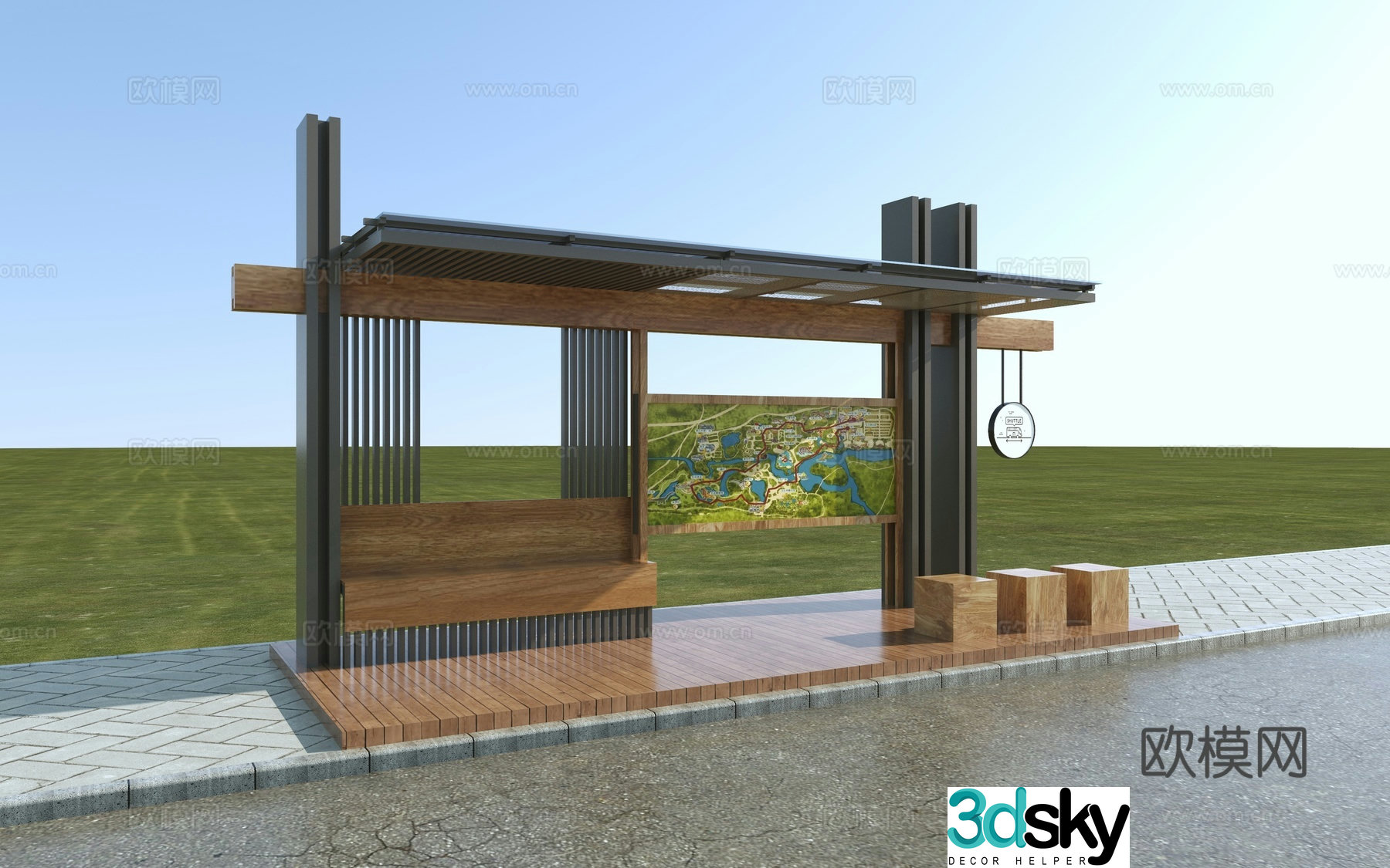 Modern bus stop_Tourism area signboard 3D model