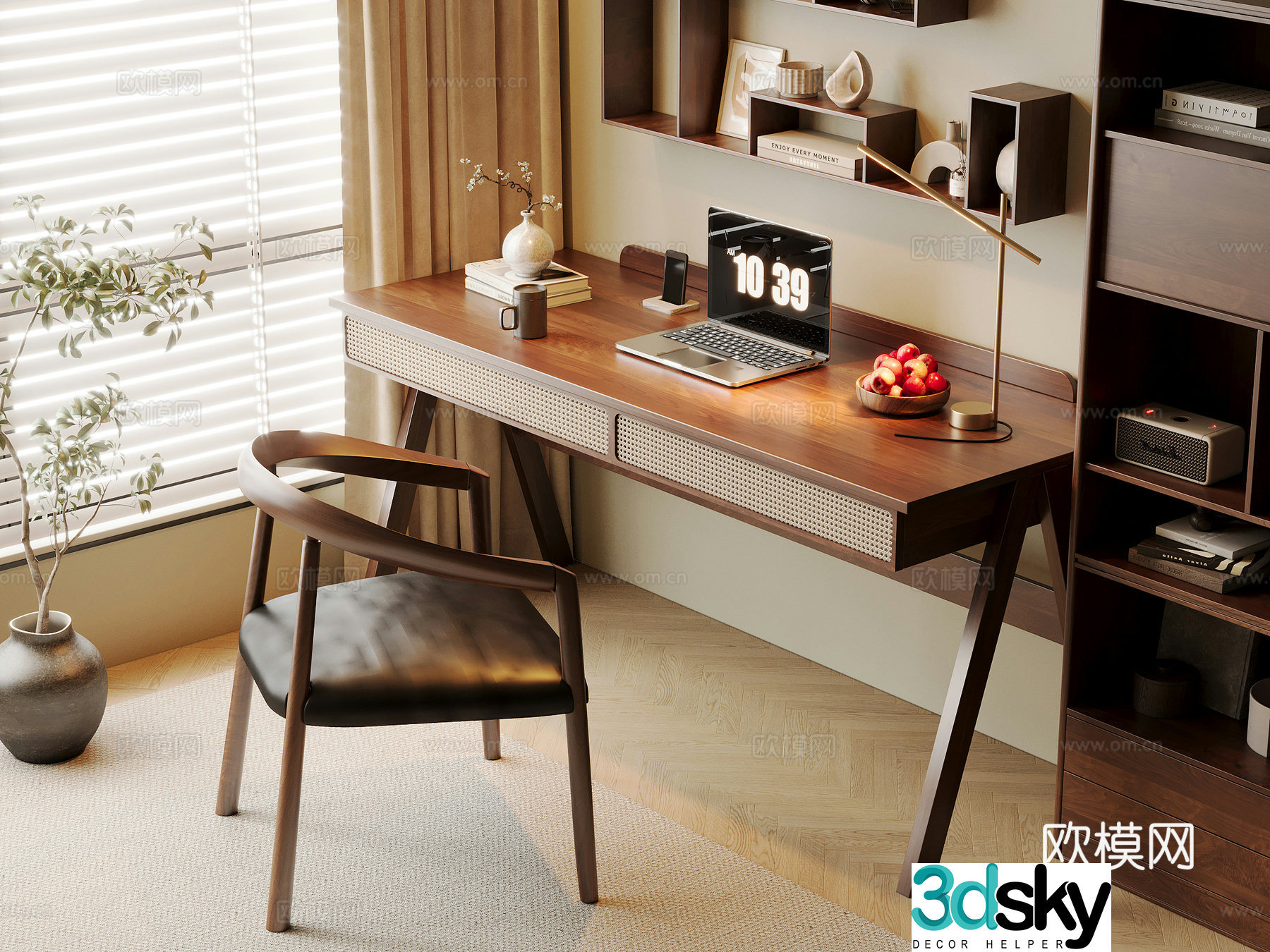 Middle-aged style desk and chair solid wood computer desk and chair writing desk study desk and chair solid wood single chair bookcase 3D model