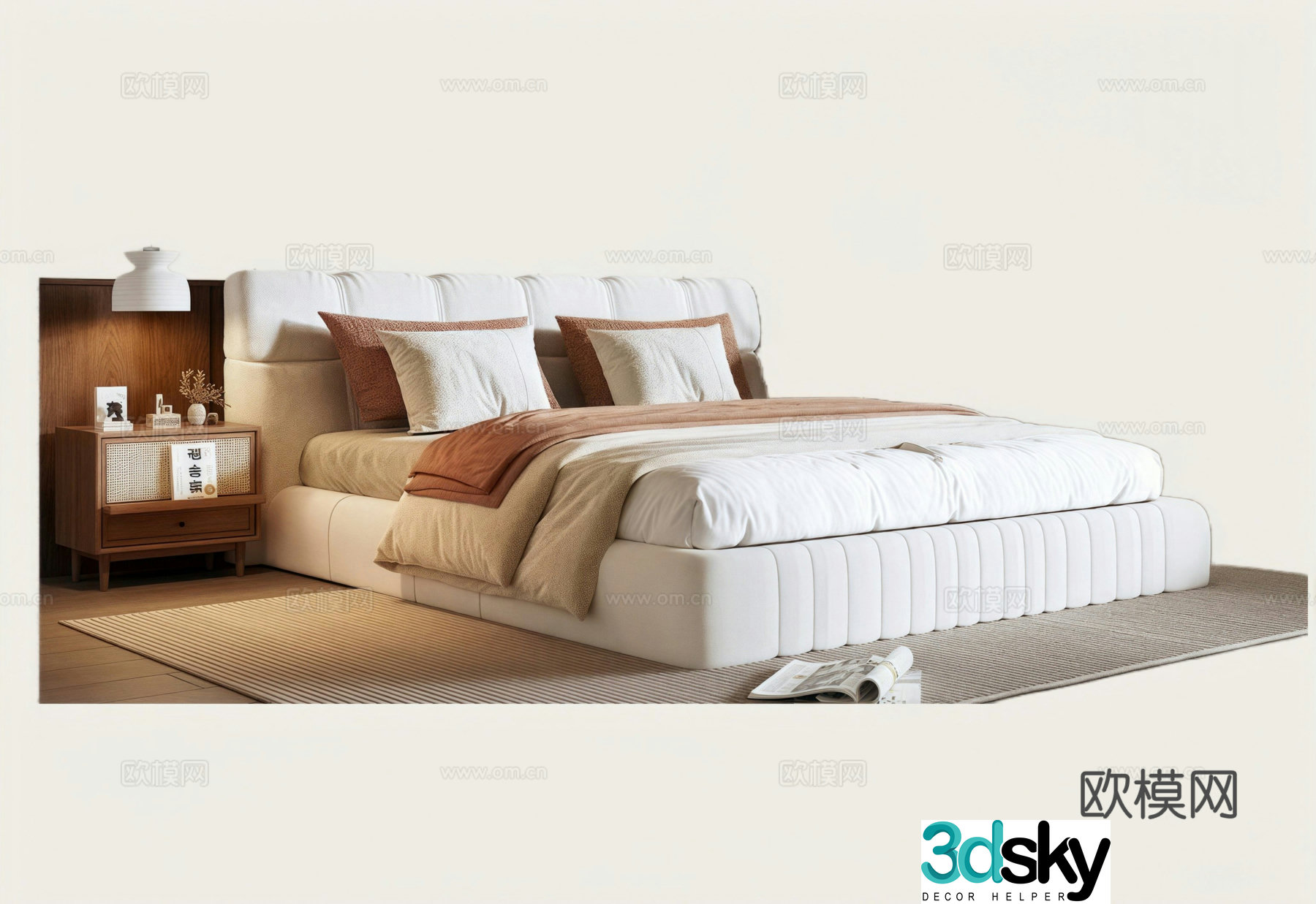 Modern medieval style double bed nightstand carpet 3d model