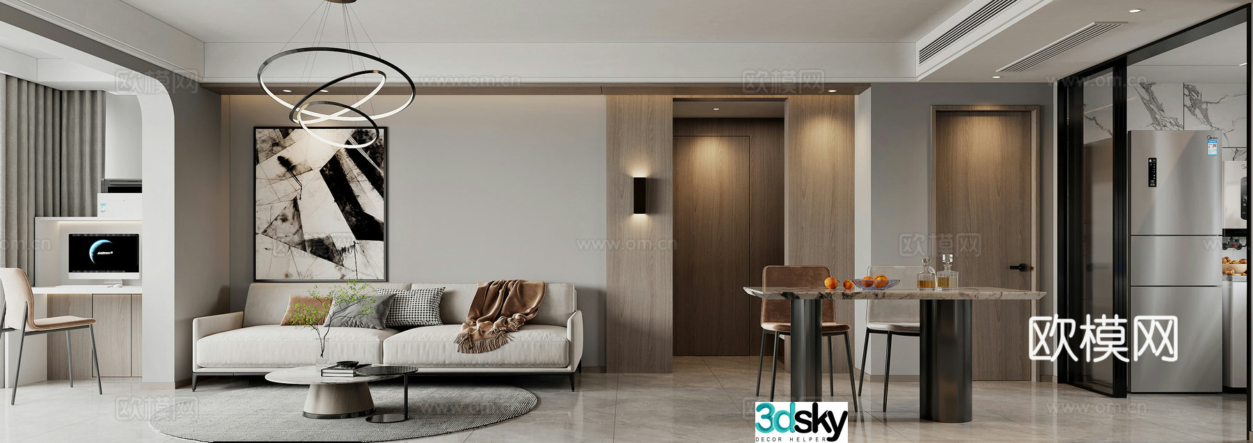 Modern living and dining room 3d model