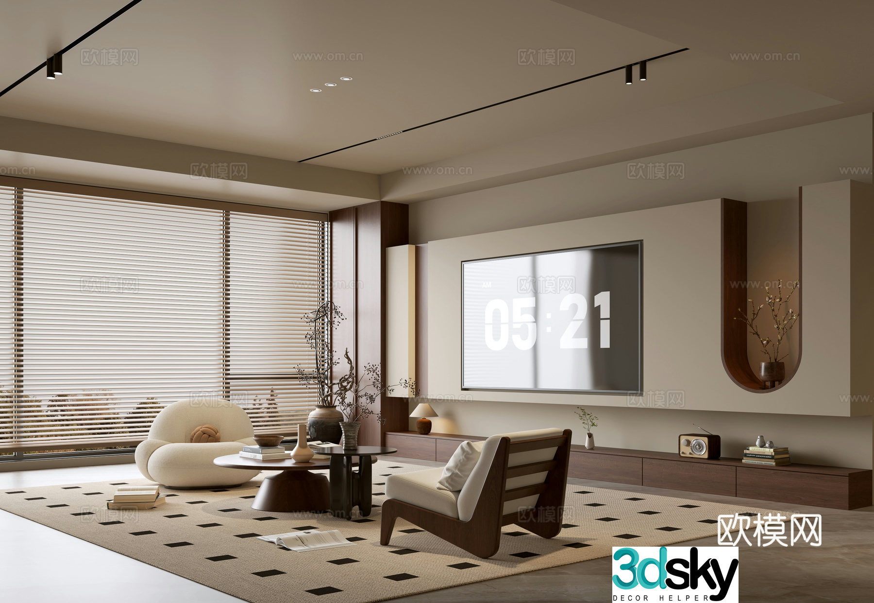 Middle-aged and silent living room Song style living room Light luxury TV background wall combination Coffee table Sofa combination 3D model