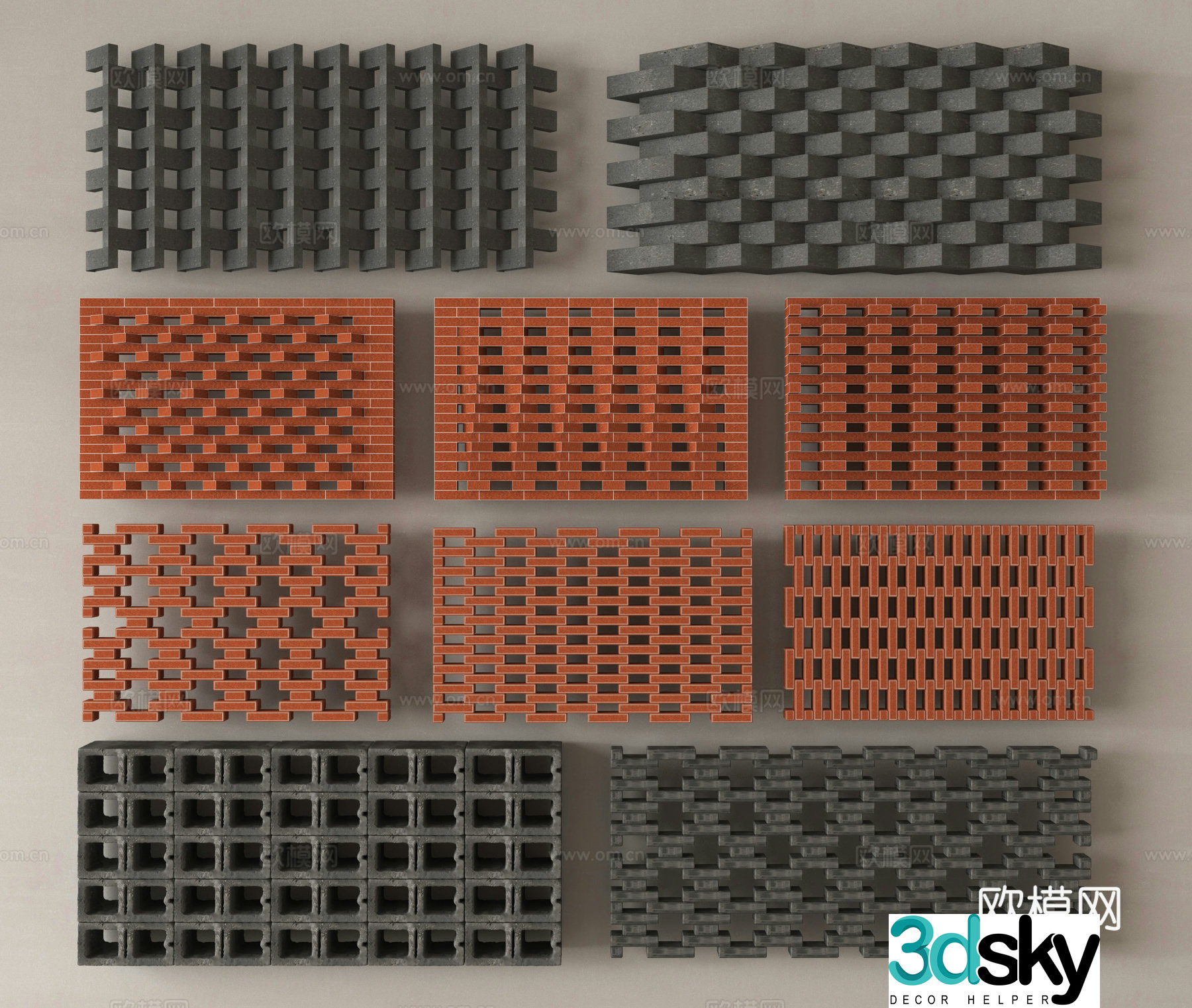 Hollow brick partition Cement brick partition Red brick brick wall Fence 3D model