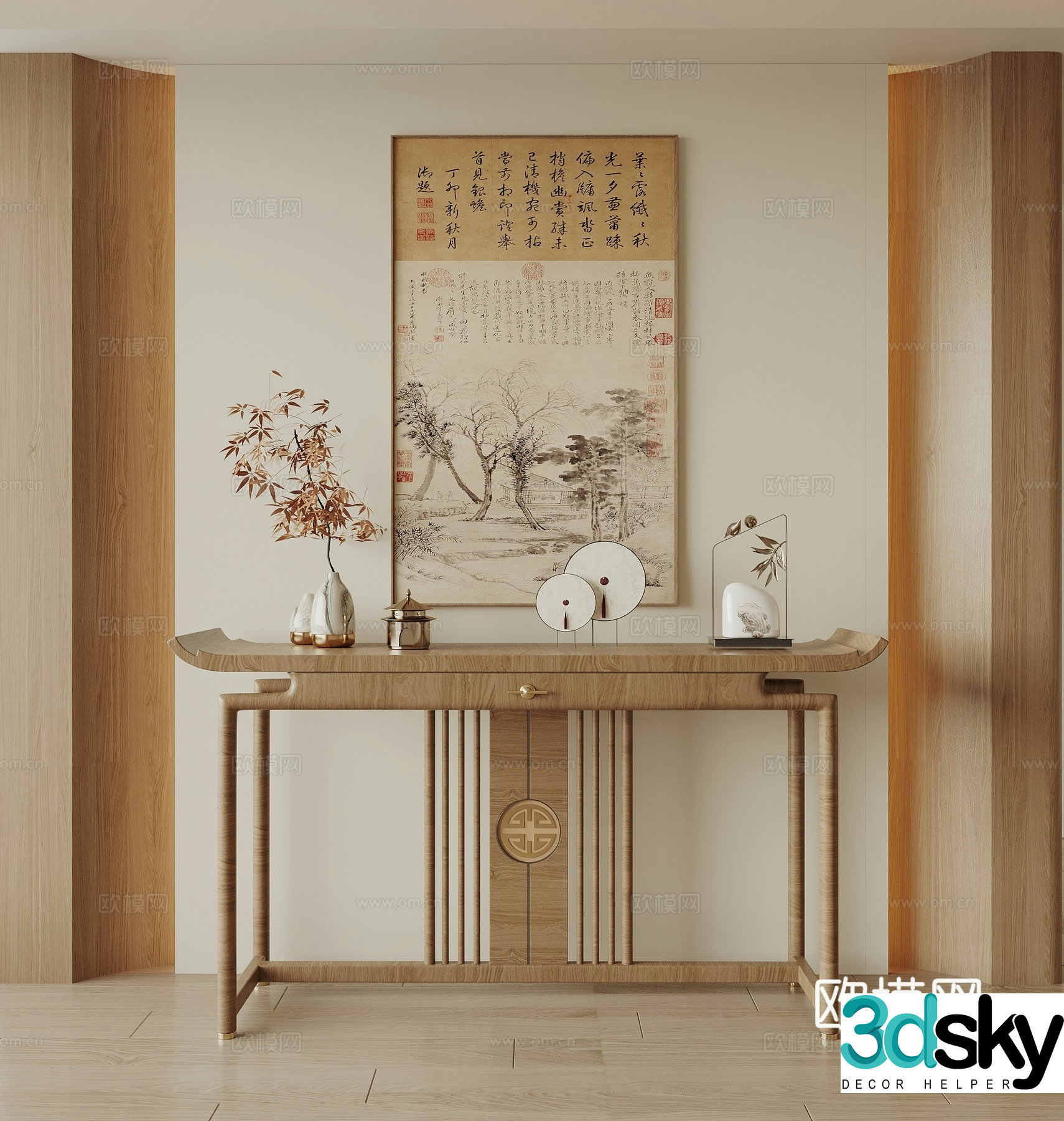 Song style entrance hall new Chinese style entrance hall end view terrace entrance cabinet end view plan hanging painting vase 3D model