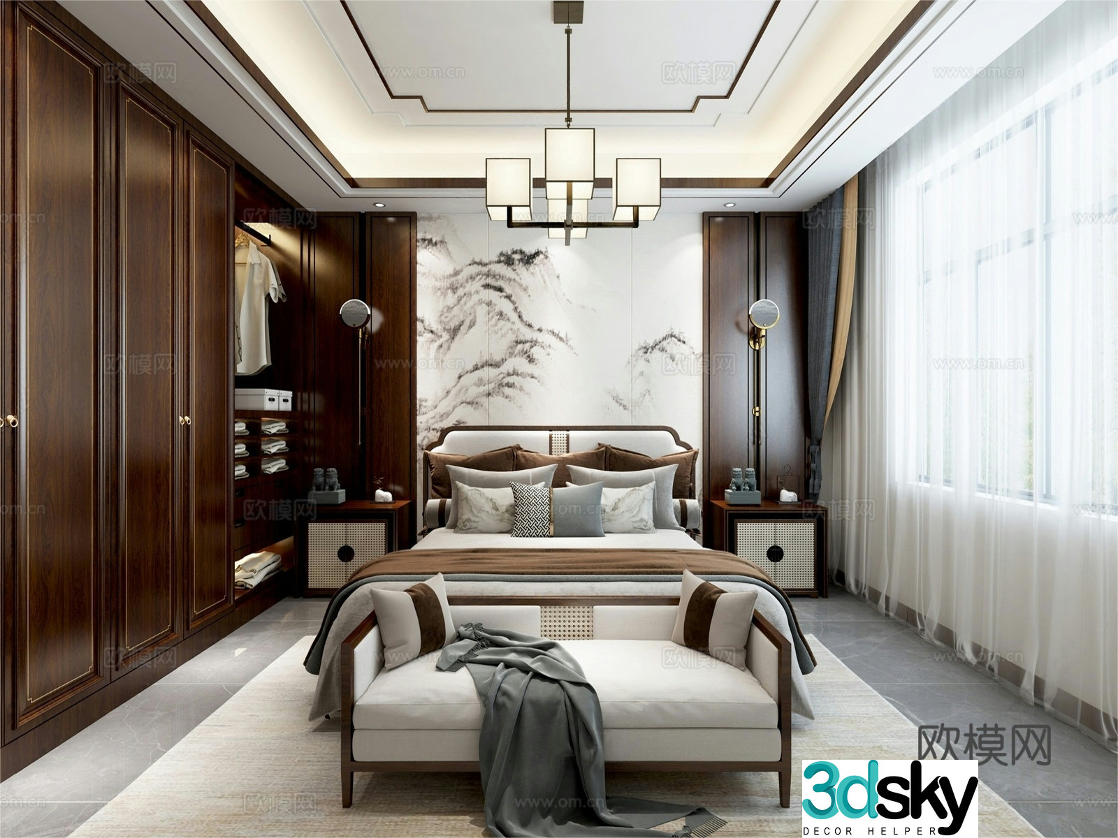 New Chinese style bedroom double bed nightstand wall lamp carpet jewelry ornaments desk lamp 3d model