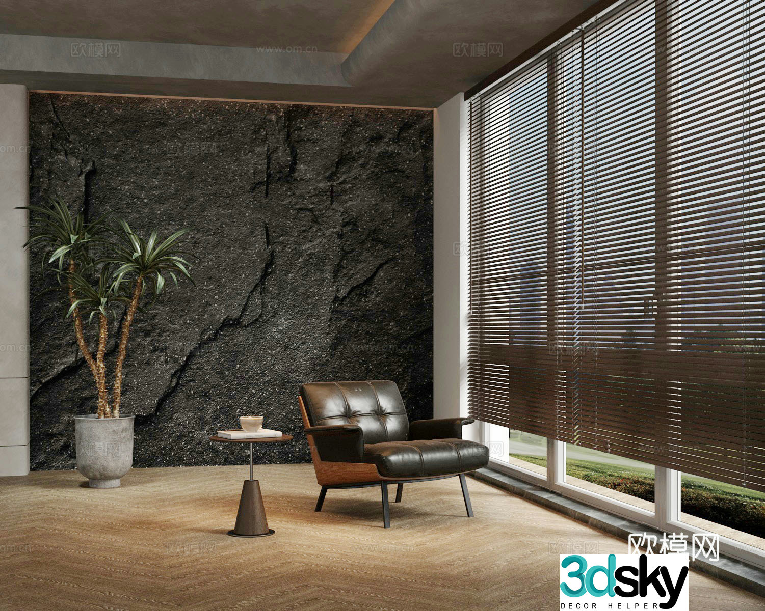 Venetian blinds leisure chair side green plant stone wall background wall 3d model
