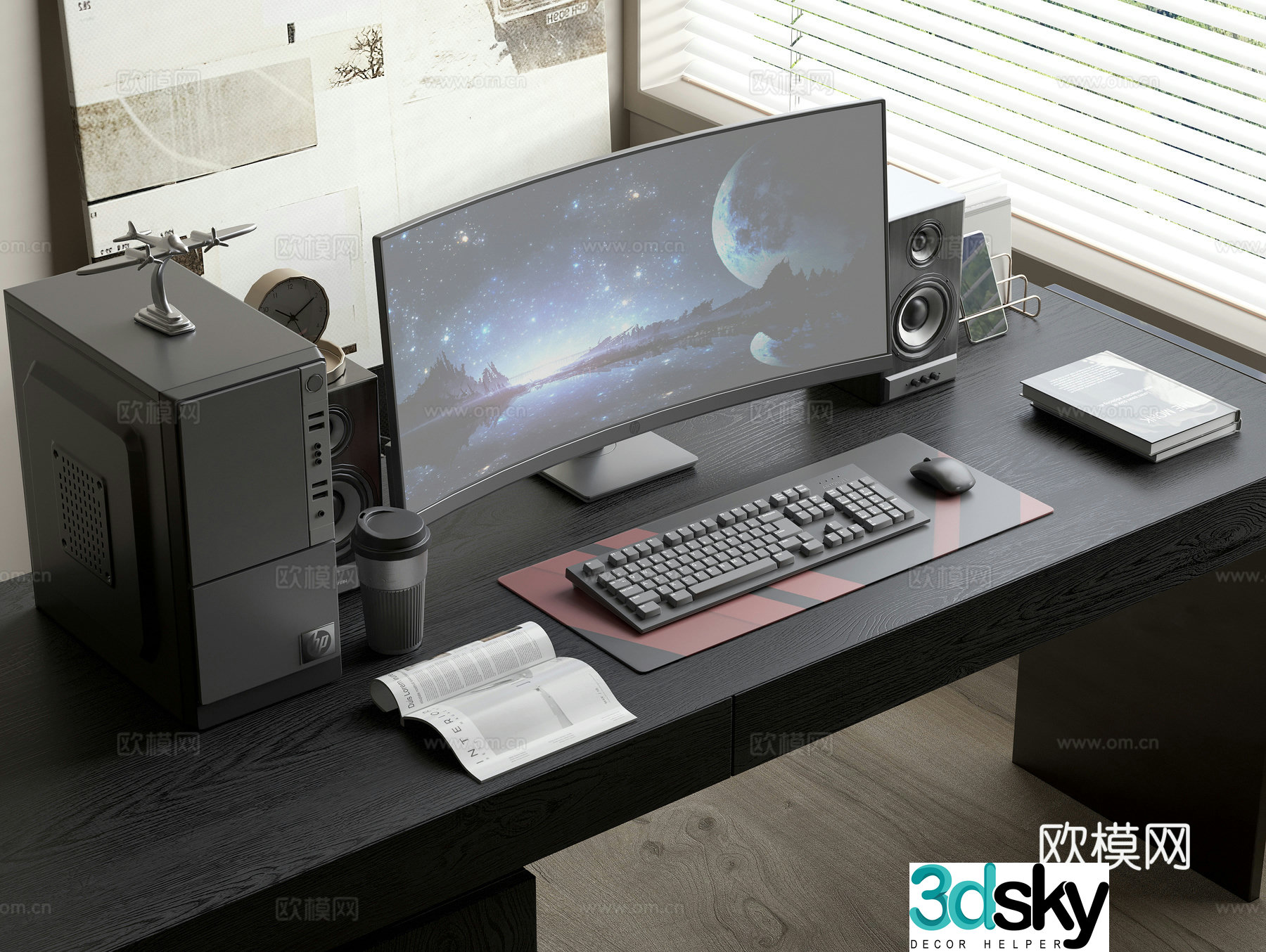 Desktop computer monitor host keyboard mouse speaker mobile phone clock 3d model