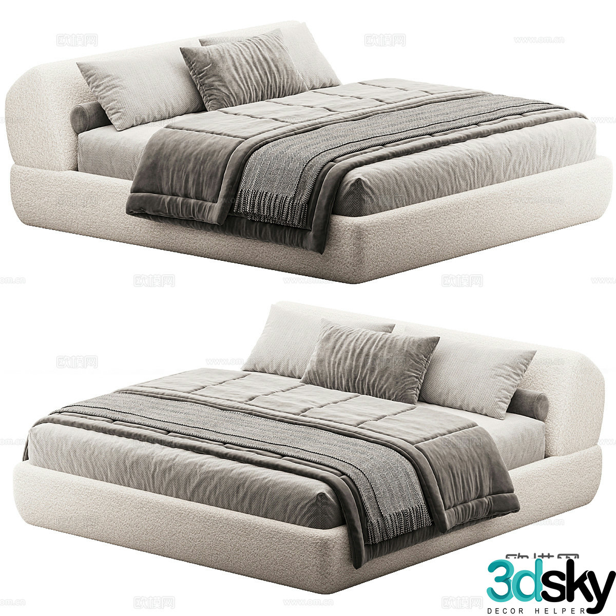 Modern cream style fabric double bed 3d model