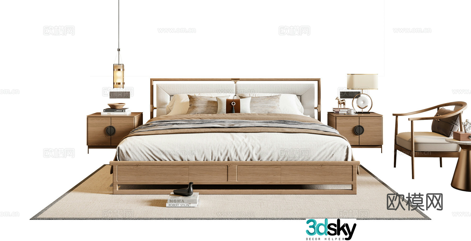 New Chinese style double bed solid wood bed nightstand chandeliers leisure chair carpet 3d model