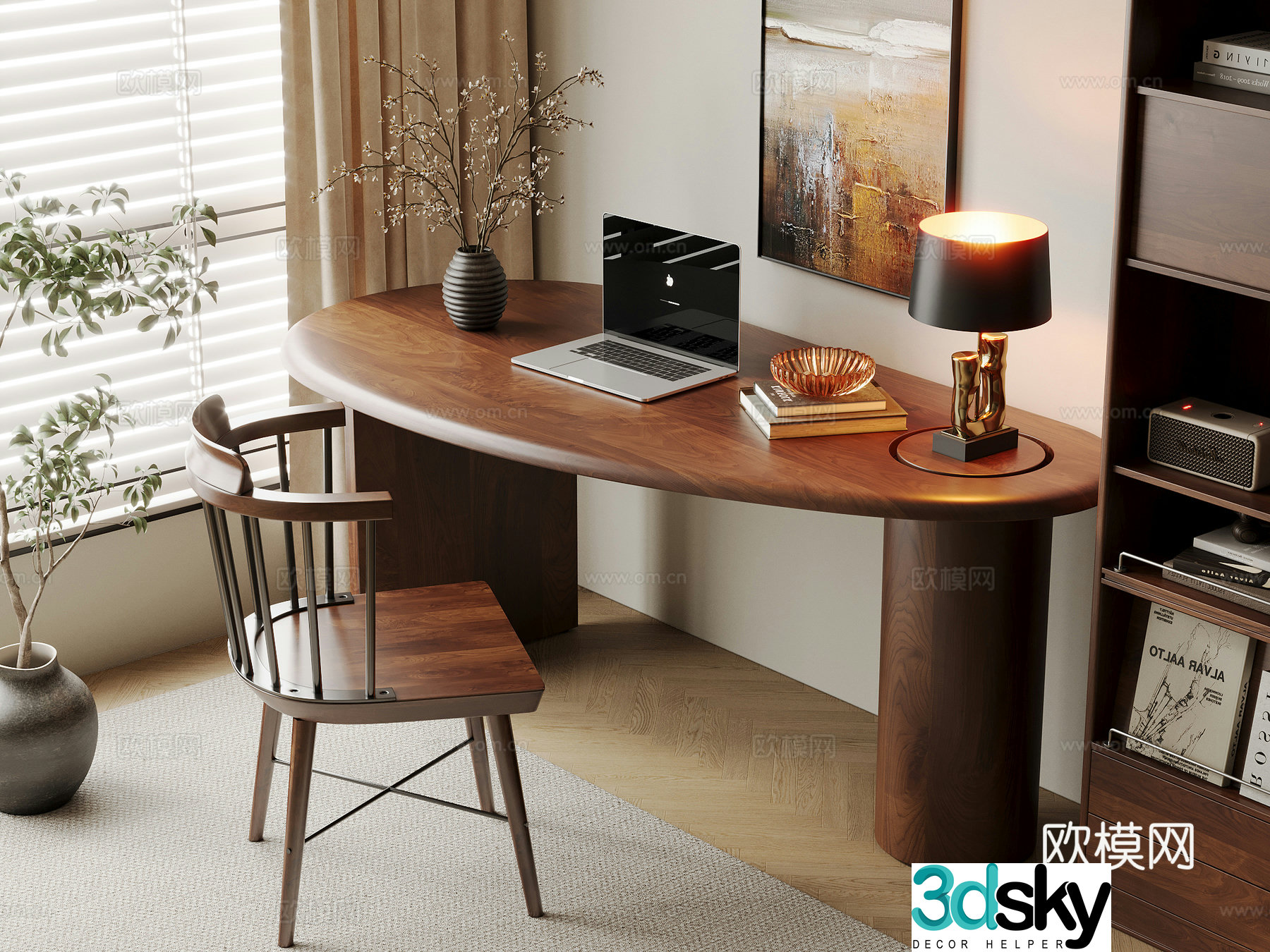 Middle-aged style desk and chair solid wood computer desk and chair writing desk study desk and chair solid wood single chair bookcase 3D model