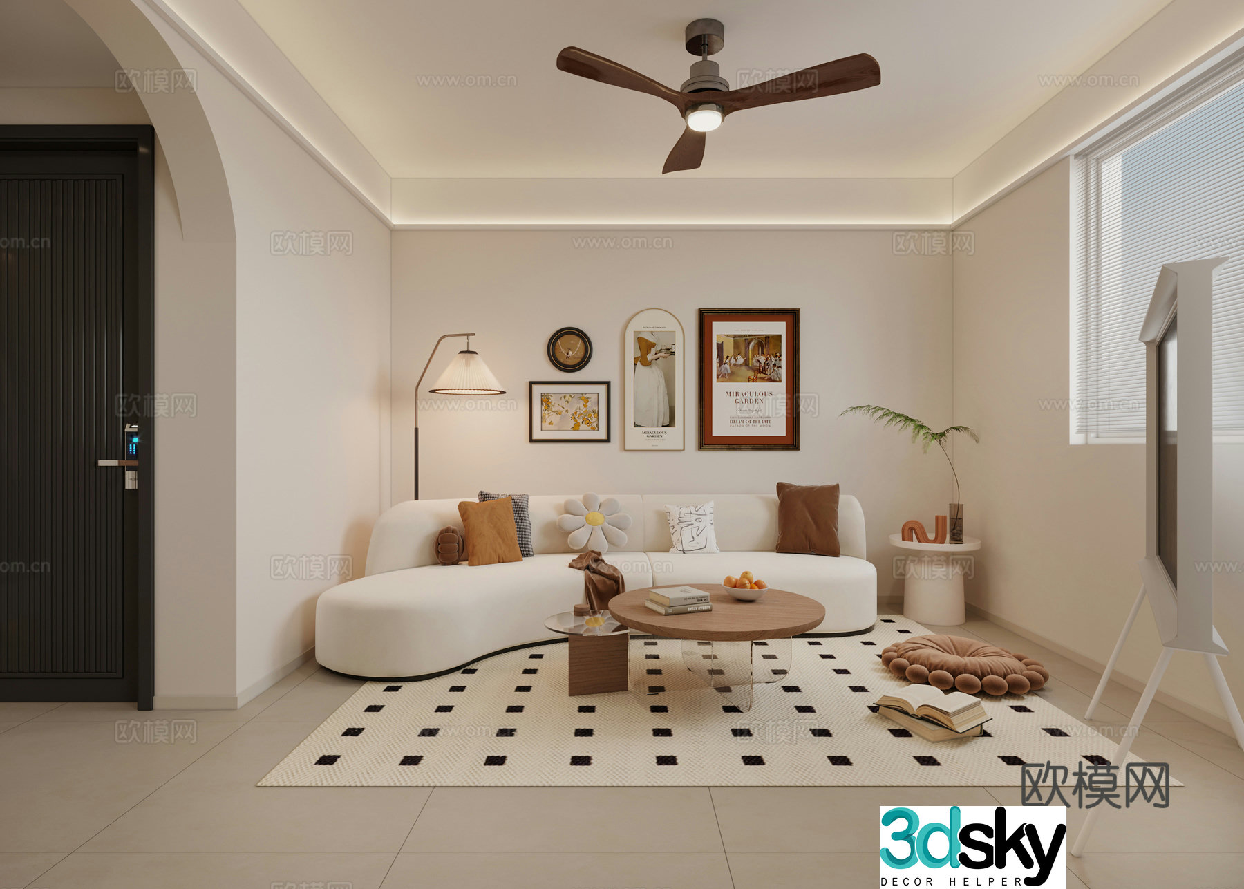 Modern Creamy Living Room 3D Model