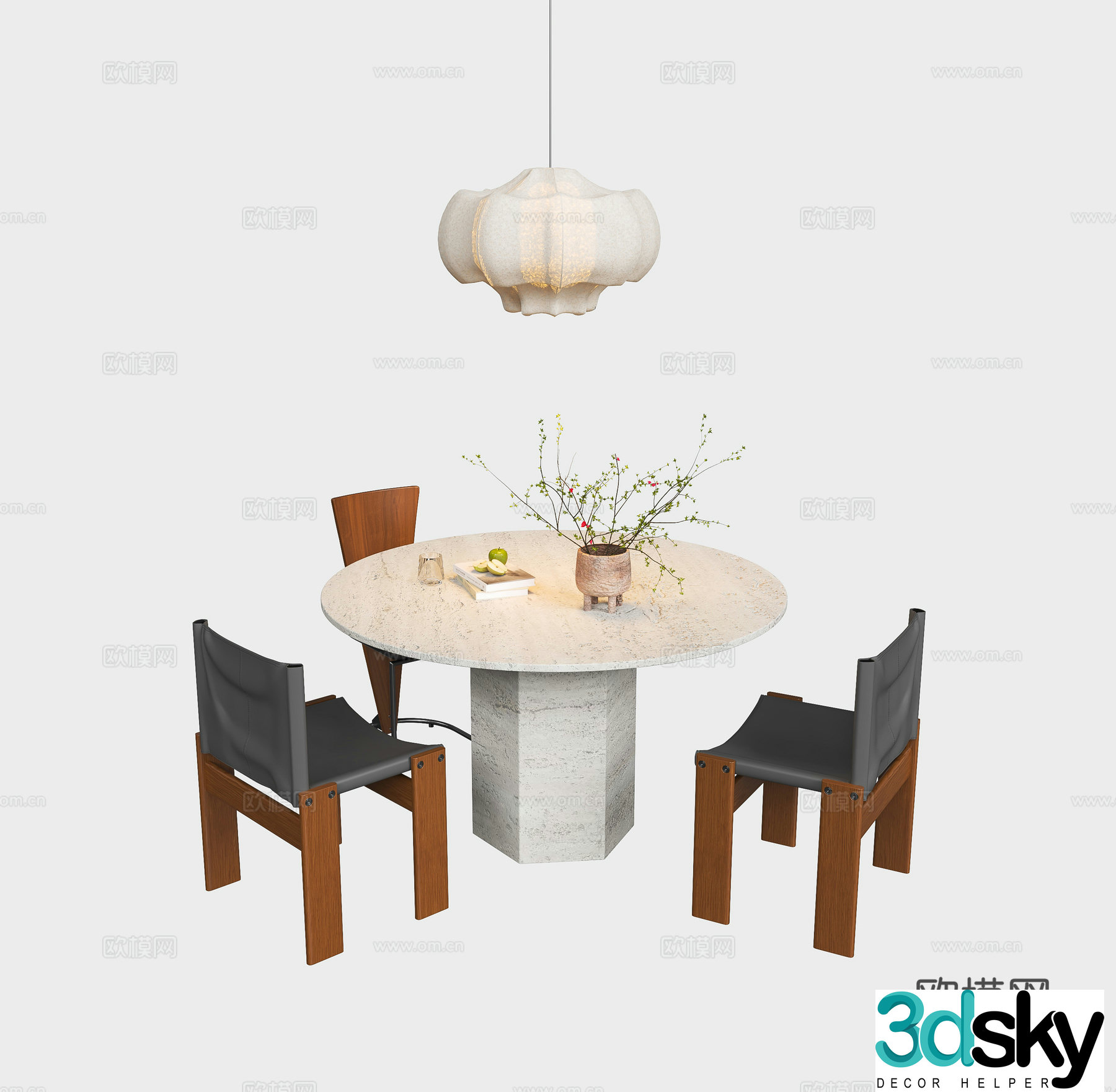 Medium style dining table and chairs log wooden dining table and chairs Chinese style dining table and chairs Wasabi dining table and chairs medieval style chandelier 3D model