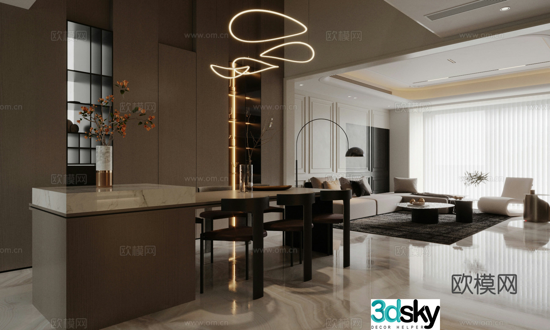 Light luxury Italian home living and dining room homeless lights modern living and dining room horizontal living and dining room 3D model
