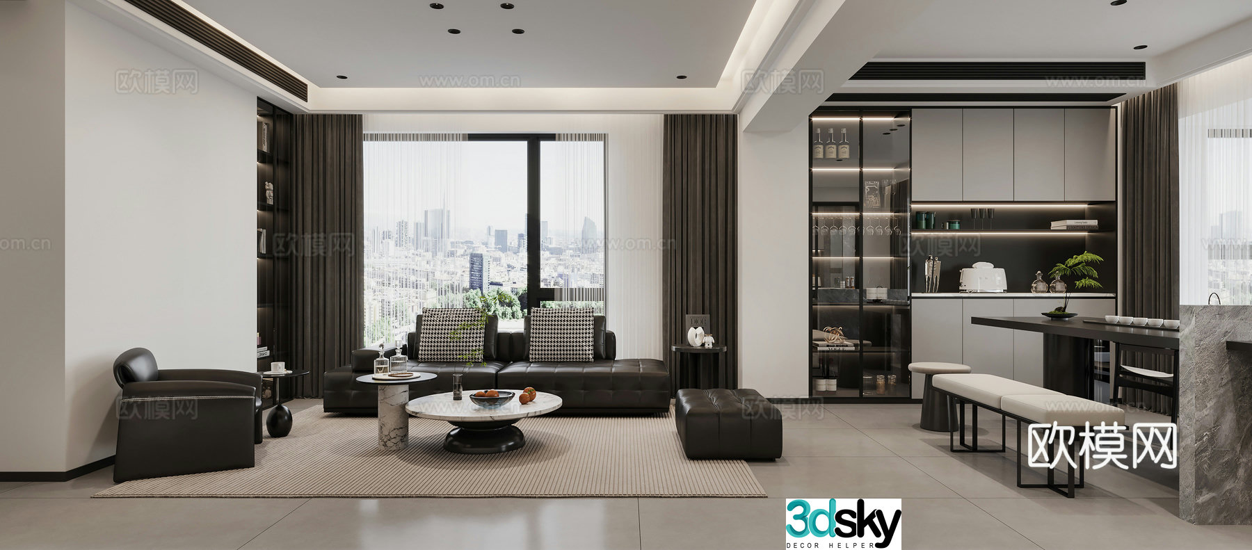 Modern black white and gray living room 3d model