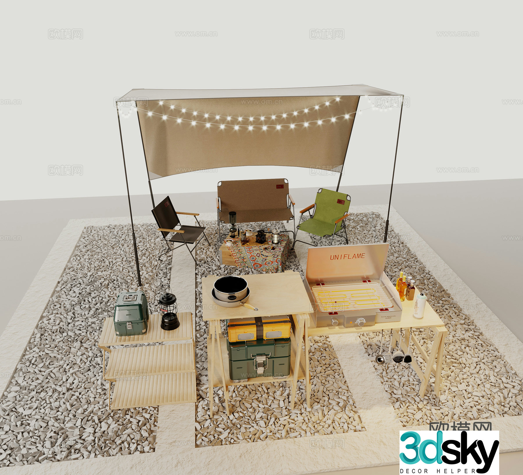 Modern outdoor sportswear shop window Wood pile tent Camping equipment Gravel Grill 3d model