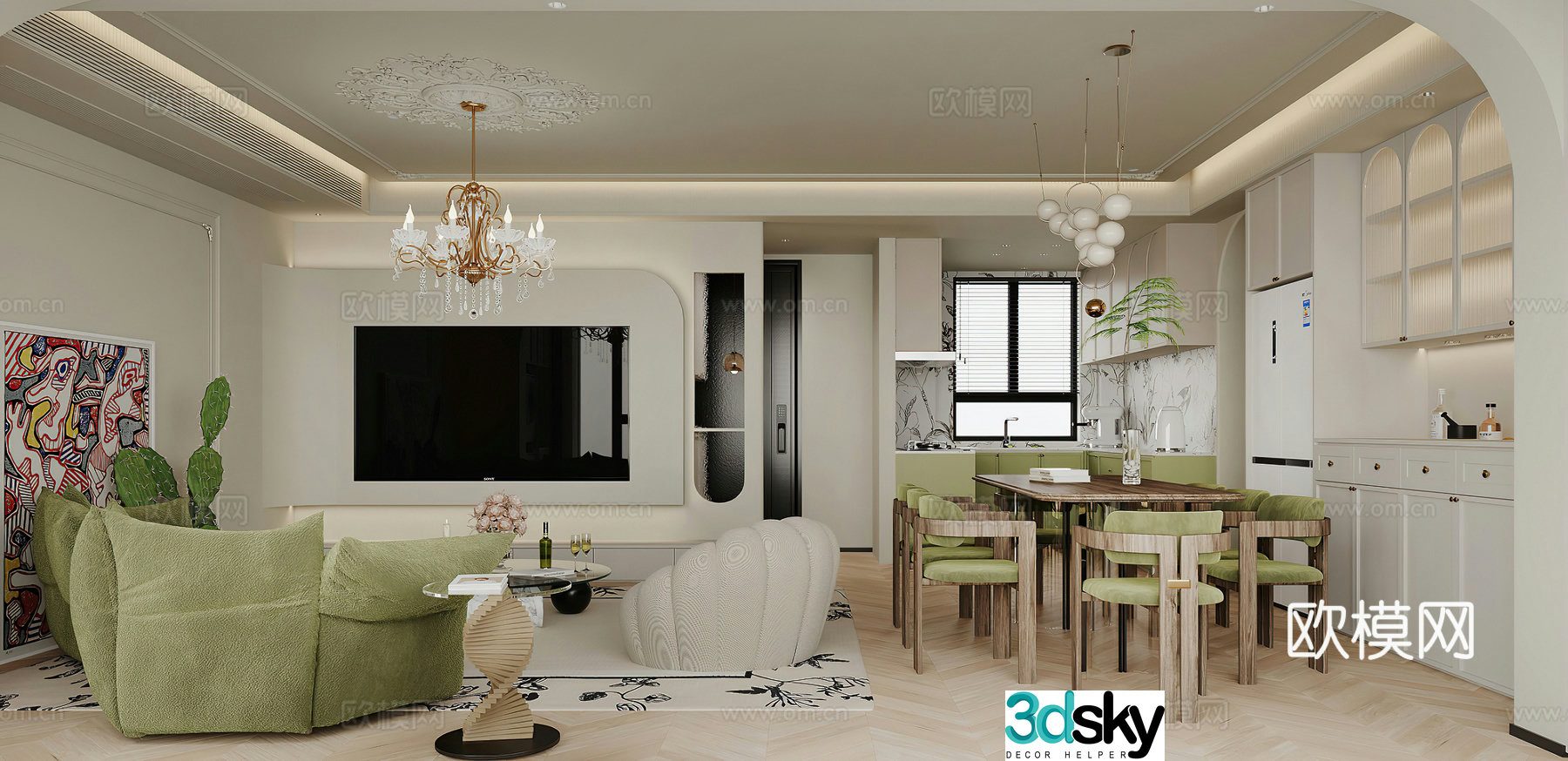 French living and dining room combination sofa TV background wall dining table retro leisure chair living room 3d model