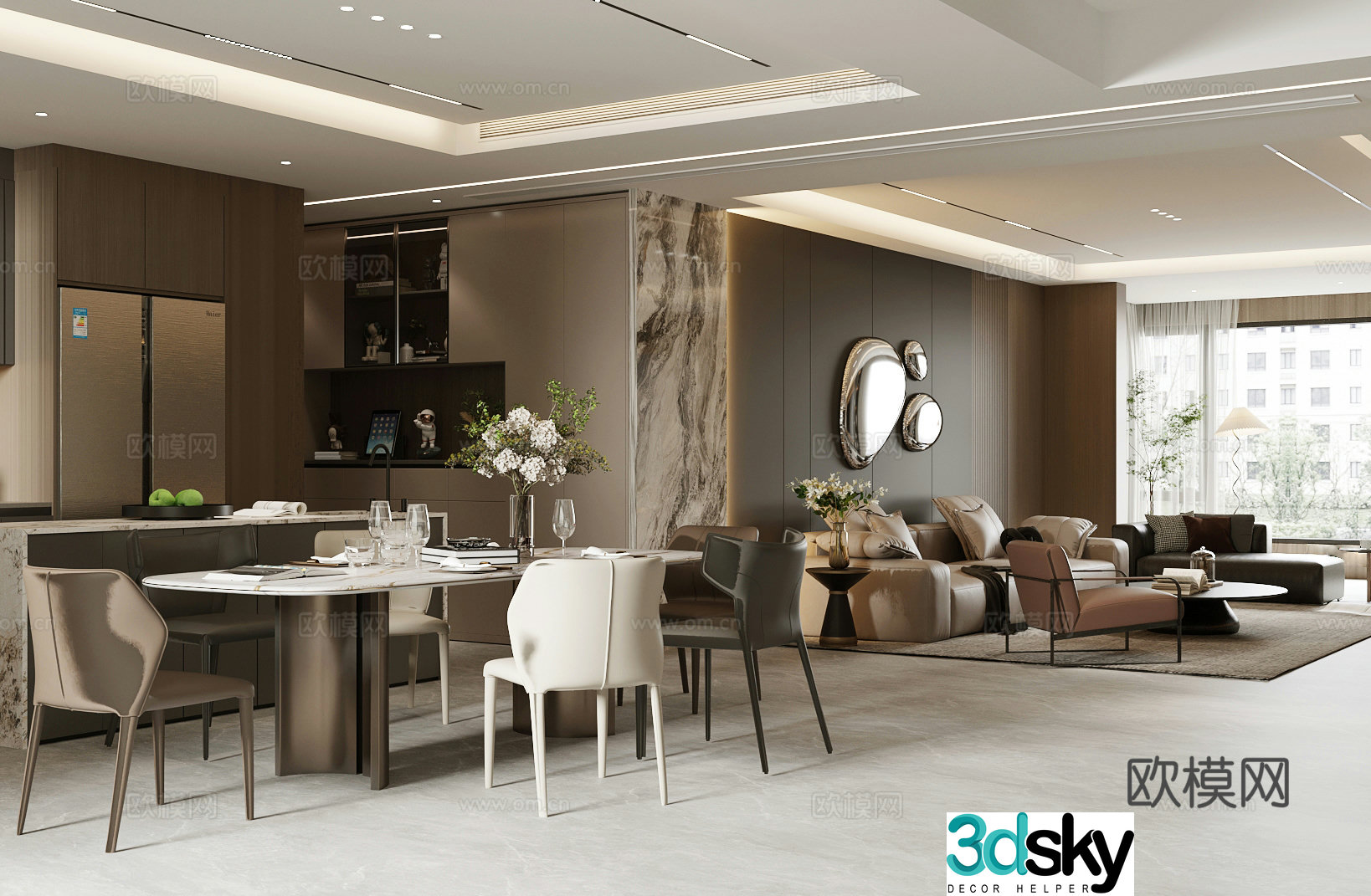 Light luxury Italian home living and dining room homeless lights modern living and dining room horizontal living and dining room 3D model