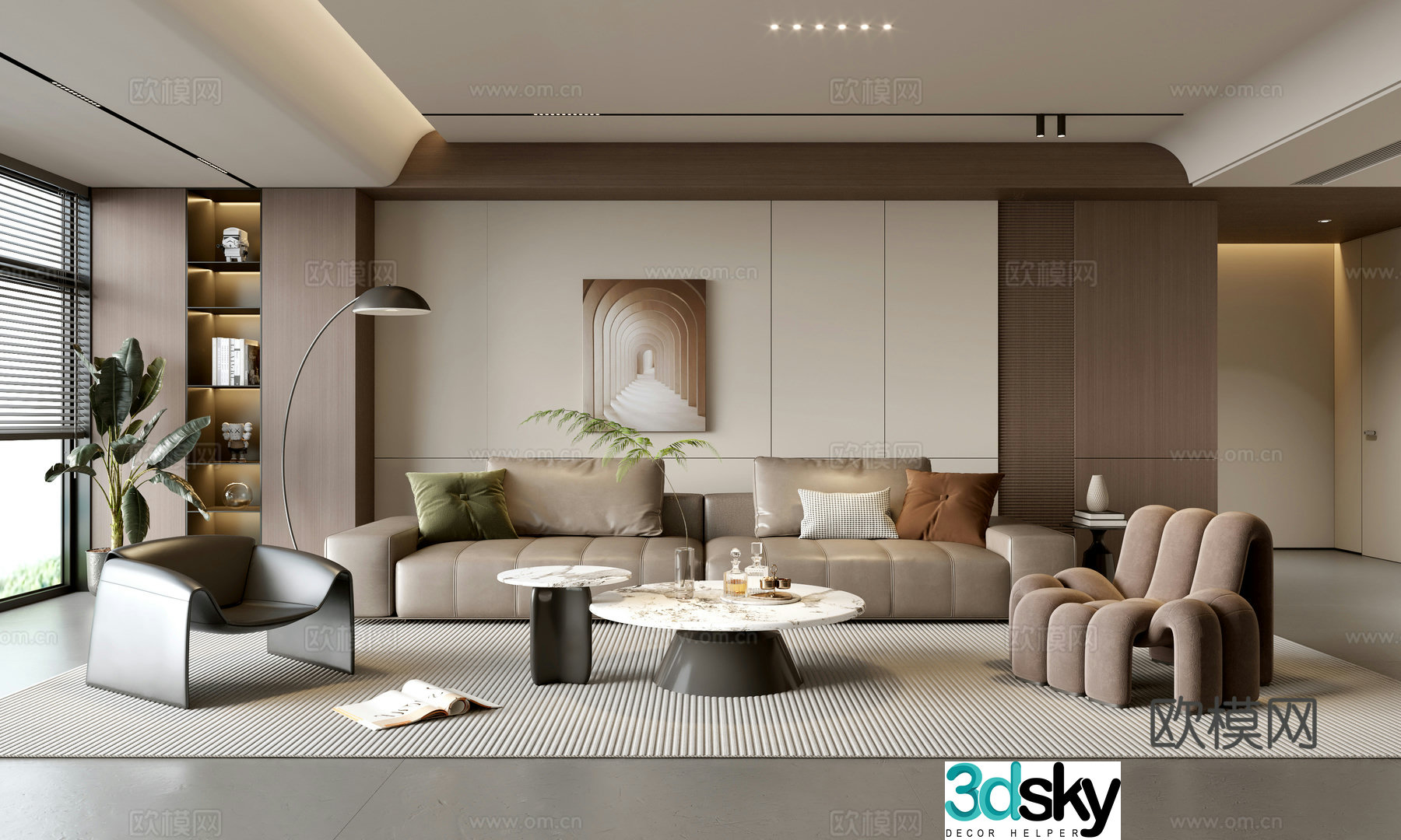 Modern simple living room balcony cabinet sofa combination coffee table sofa background wall 3d model