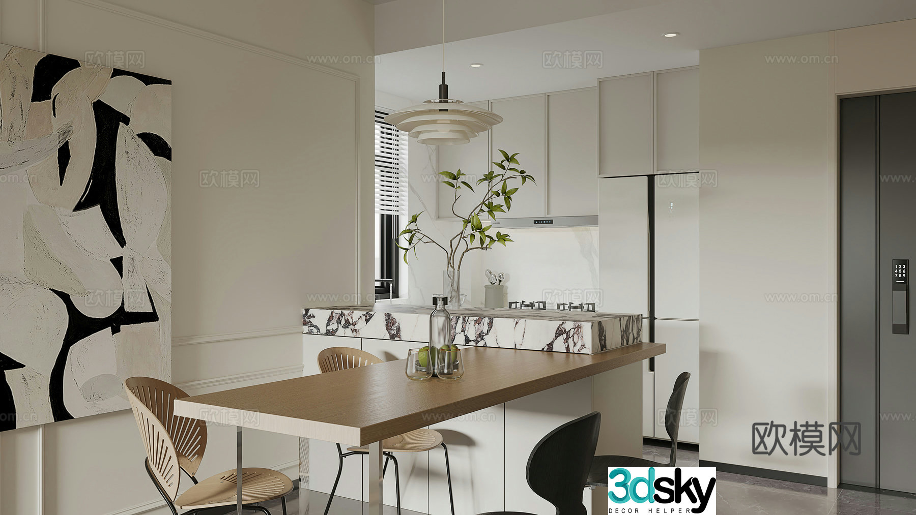 Modern restaurant French restaurant island open kitchen western kitchen log style cream style 3d model