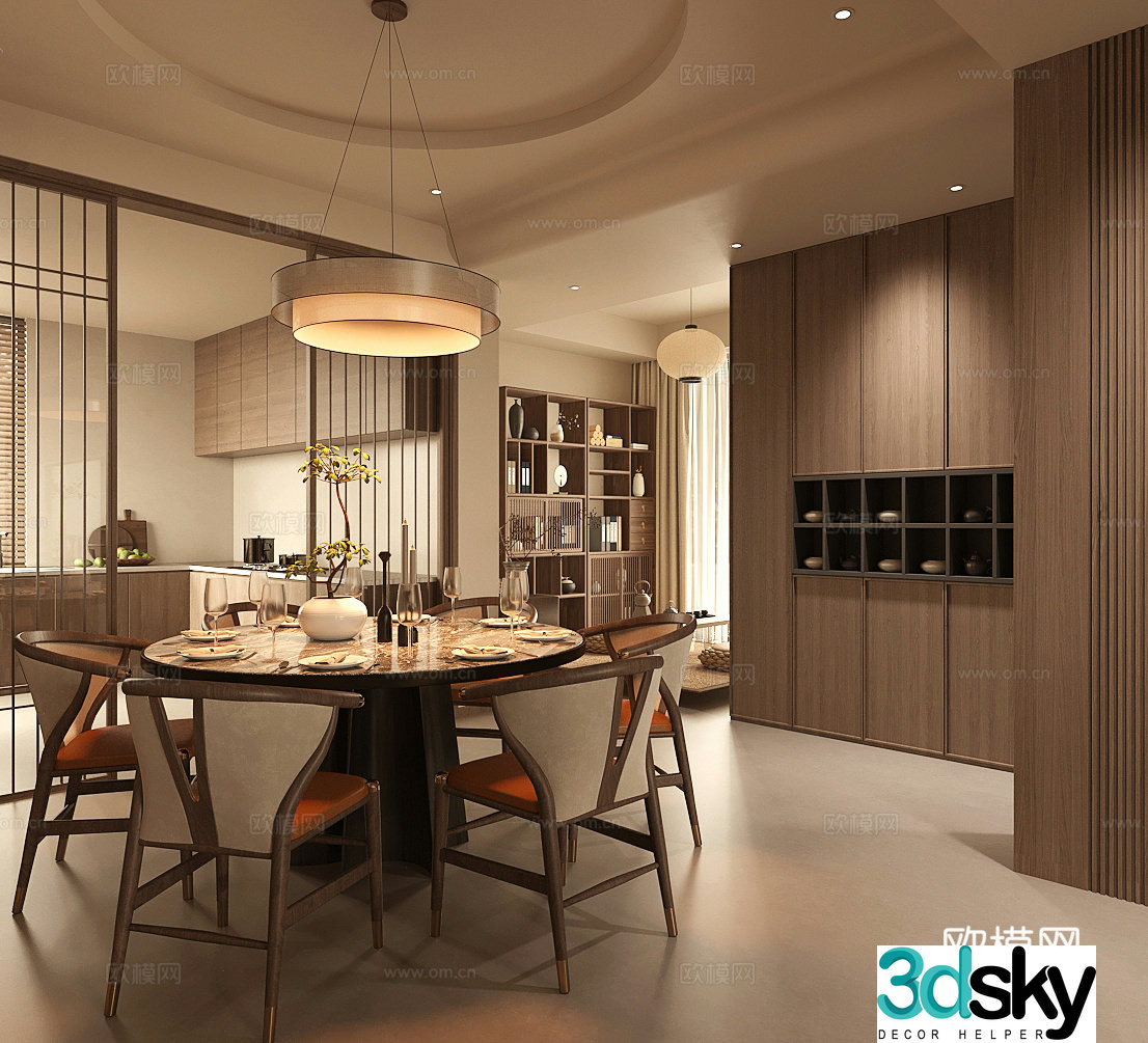 New Chinese-style Zen home dining medieval style restaurant solid wood dining table and chairs round table restaurant Song style aesthetic 3D model