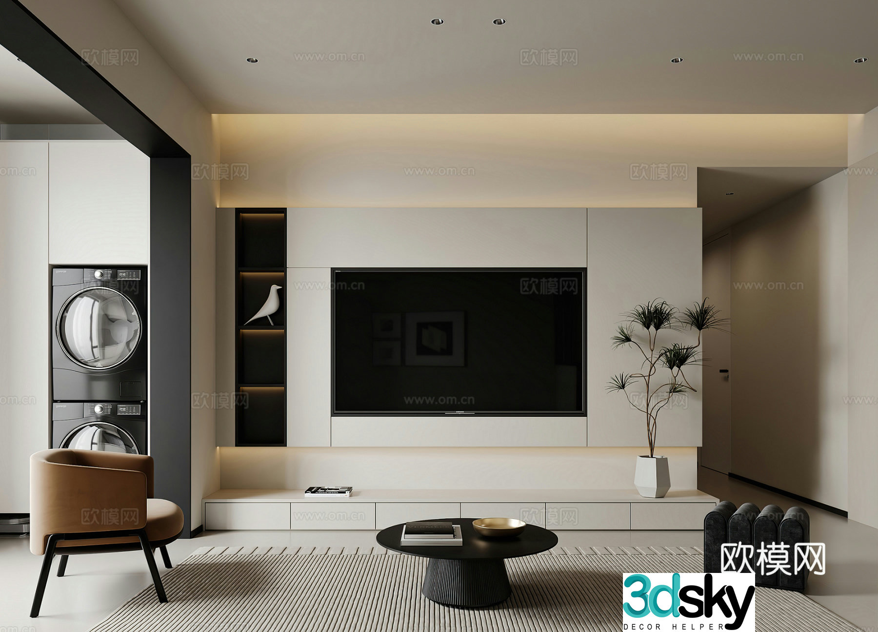 Modern living room TV background wall TV cabinet ornaments decorations leisure chair black white gray 3d model
