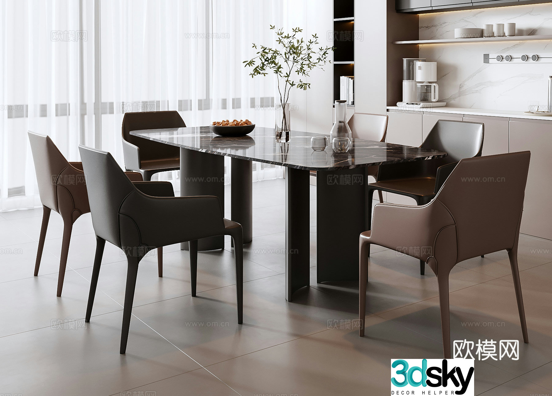 Italian dining table and chair combination 3D model