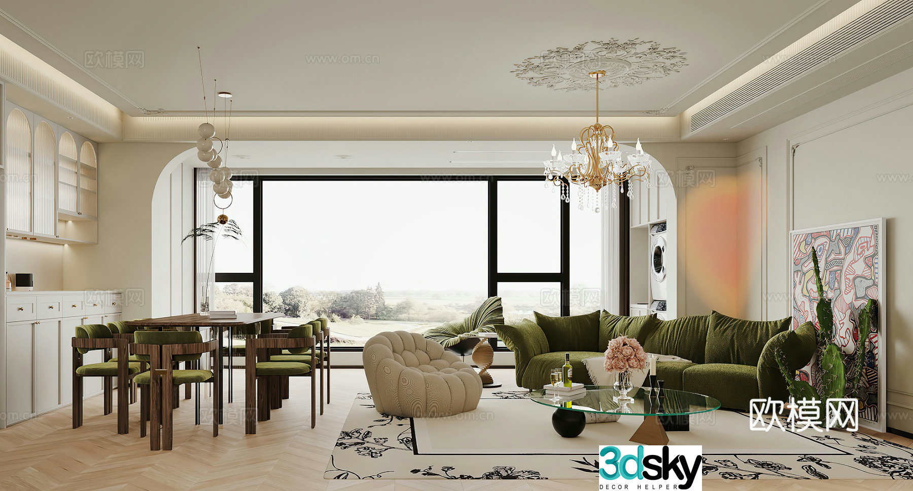 French living room and dining room combination sofa dining table retro leisure chair modern living room light luxury living room 3d model