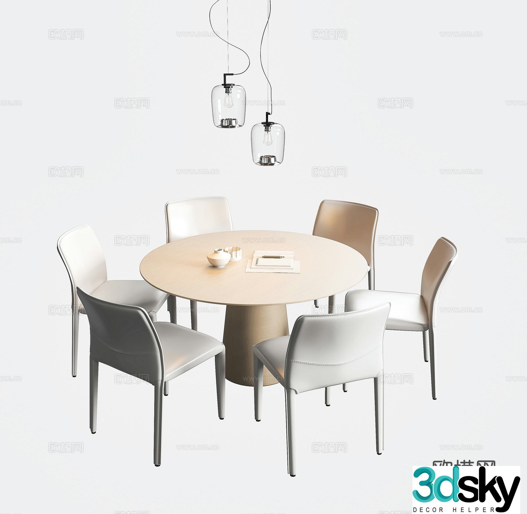 Modern dining table and chairs Round dining table and chairs Restaurant chandeliers Creamy dining table and chairs Minimalist dining table and chairs 3D model