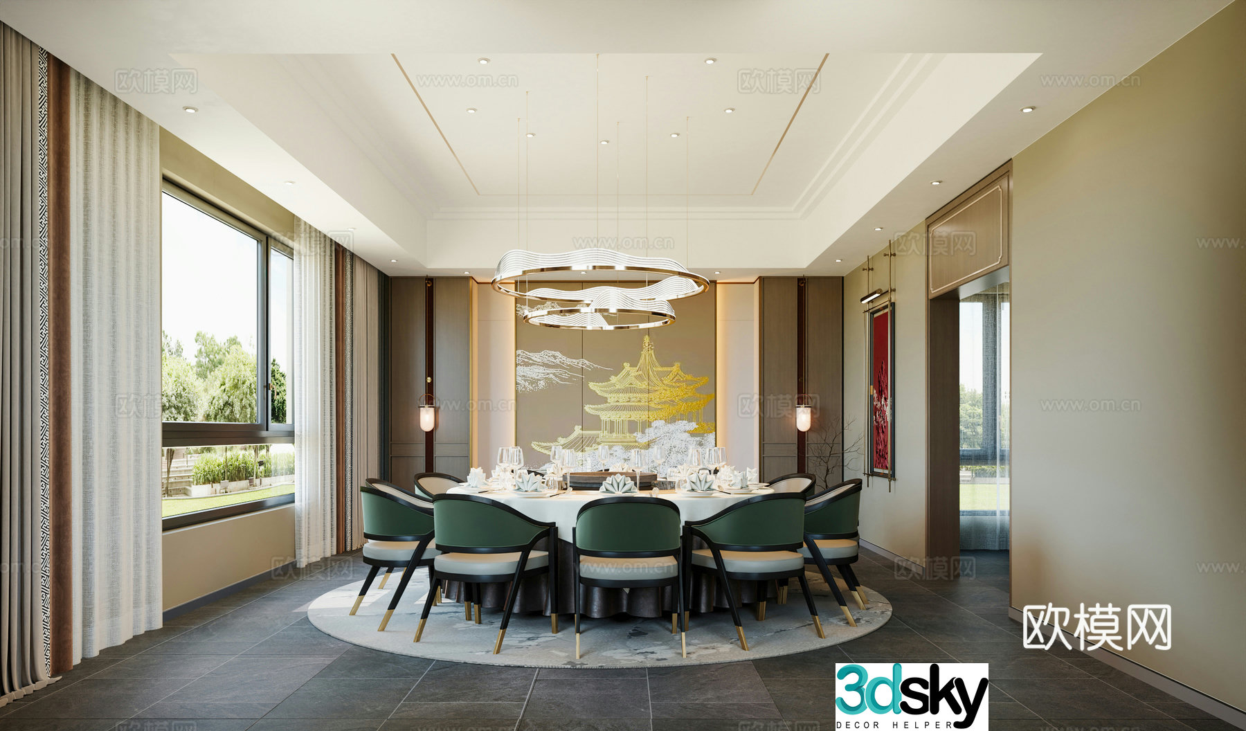 Private room catering private room new Chinese style private room restaurant round table new Chinese style chandeliers new Chinese style background 3D model