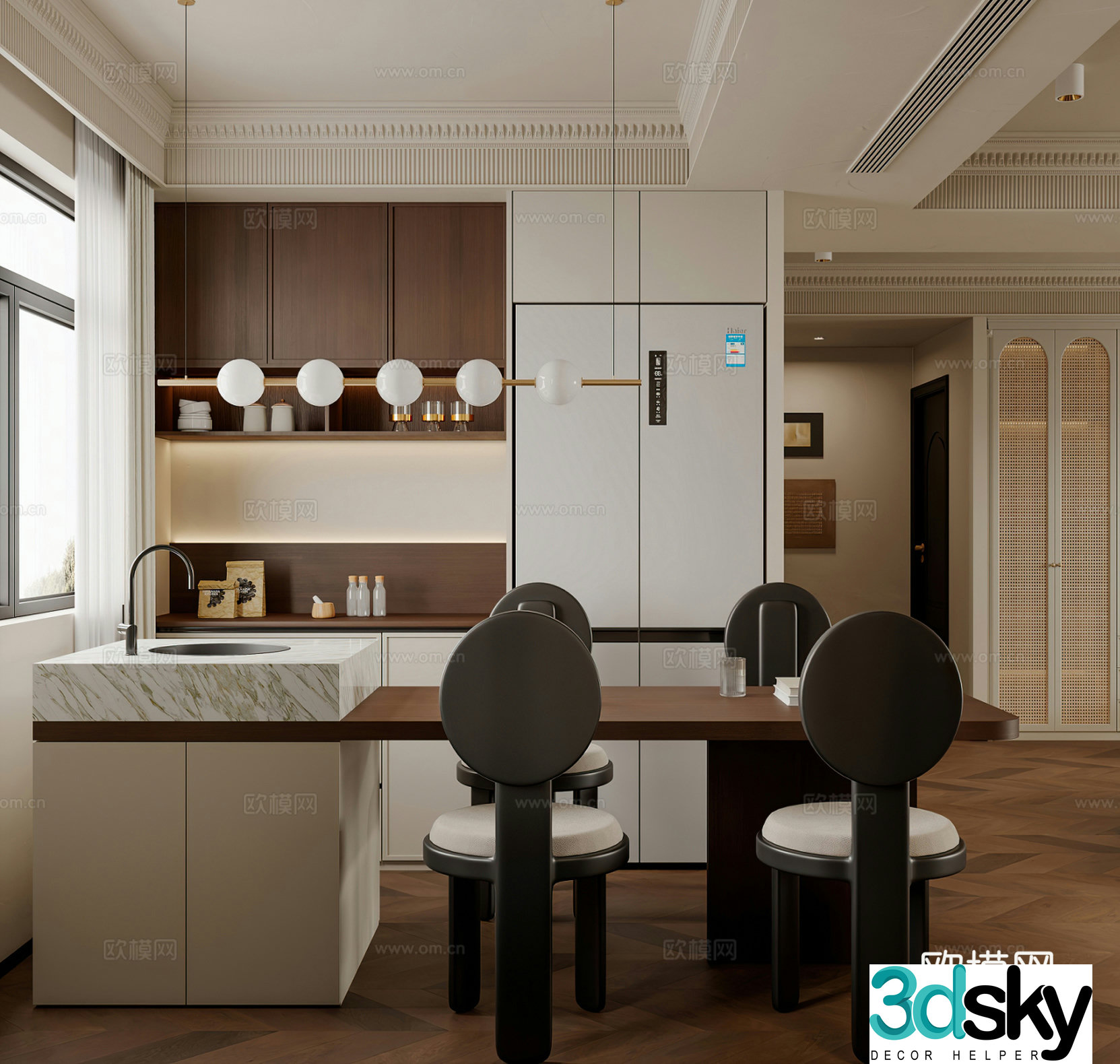 Medium style restaurant French restaurant island dining table bar wine cabinet retro restaurant 3d model