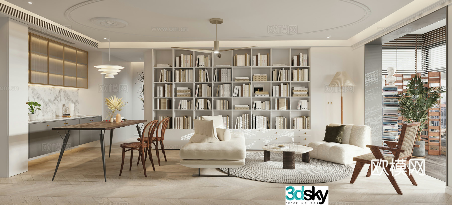 Nordic living restaurant bookcase bookcase sofa combination hanging painting side cabinet Nordic restaurant 3D model