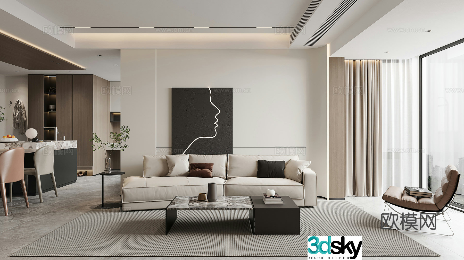Modern living and dining room combination sofa leisure chair island dining table modern living room simple 3d model