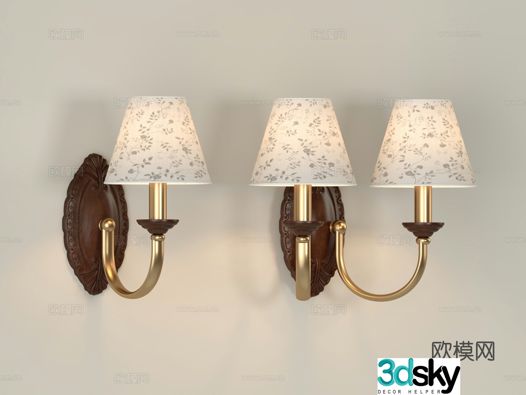 Middle-aged wall lamp European copper and wood wall lamp Log wall lamp Pattern cloth cover wall lamp 3D model