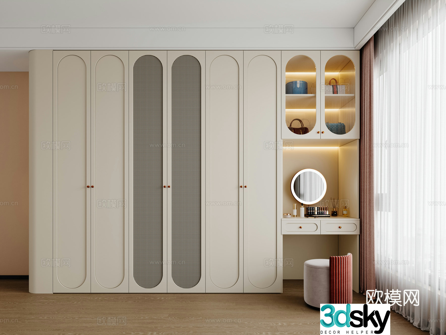 Modern cream wardrobe Master bedroom wardrobe Bedroom wardrobe Glass wardrobe Wardrobe Dressing table integrated cabinet 3D model