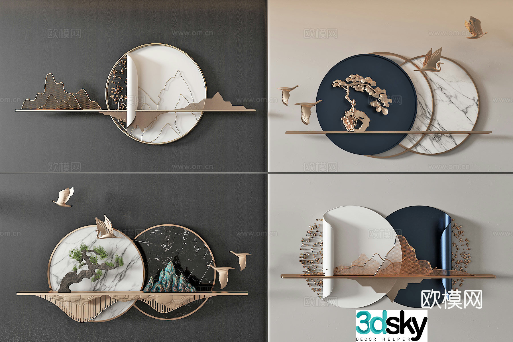 New Chinese style light luxury wall decoration pendant three-dimensional painting art installation 3d model