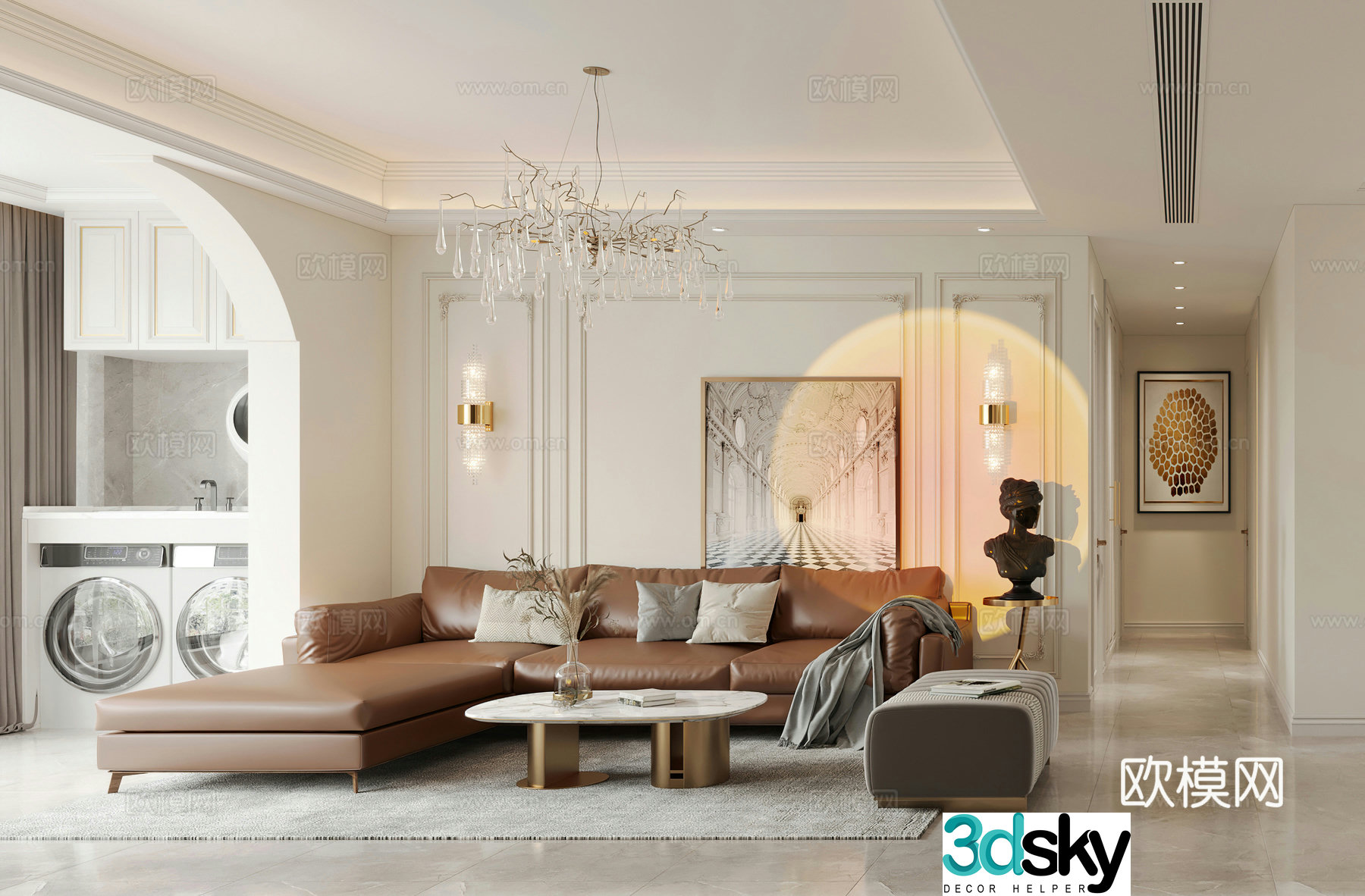 Modern living and dining room combination sofa light luxury French American simple European living room simple beautiful living room 3D model