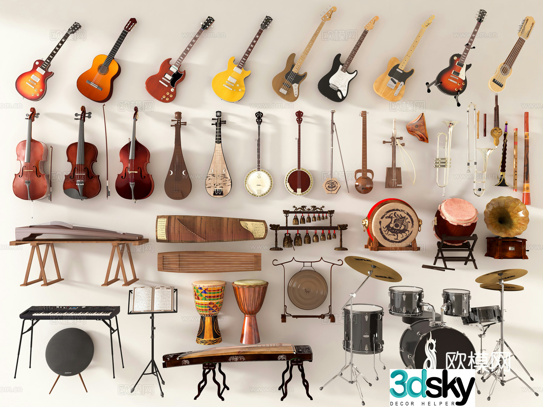 Musical instrument combination traditional musical instruments drum set violin shengxiao guitar electronic drum kit guzheng guqin 3d model